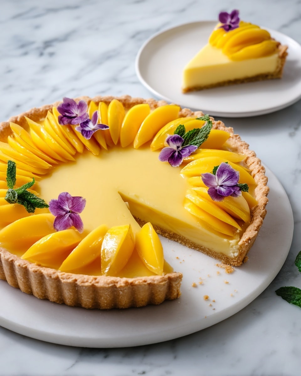 A round tart with a golden brown crust forms the base layer, topped by a smooth shiny yellow custard layer, and decorated with bright yellow mango slices arranged around the edge in a neat pattern. Purple edible flowers and small green leaves are placed between some mango slices for contrast. One slice has been cut out and put on a white plate to the side, also showing the three distinct layers. The whole scene is set on a white marbled surface. Photo taken with an iphone --ar 4:5 --v 7