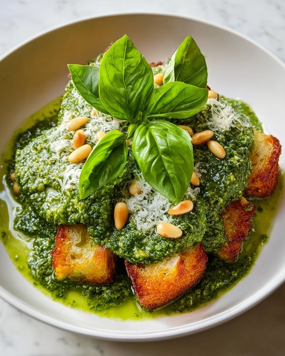 A white bowl holds a dish with three main layers: the bottom shows golden brown toasted bread pieces with a crisp texture, the middle layer is thick, bright green pesto sauce generously spread over the bread, and on top, there are scattered light beige pine nuts and finely grated white cheese. Four fresh, shiny green basil leaves sit upright as a garnish in the center, adding height and color contrast. The dish is placed on a white marbled surface, with a slight shine from the oil blending with the pesto. photo taken with an iphone --ar 4:5 --v 7