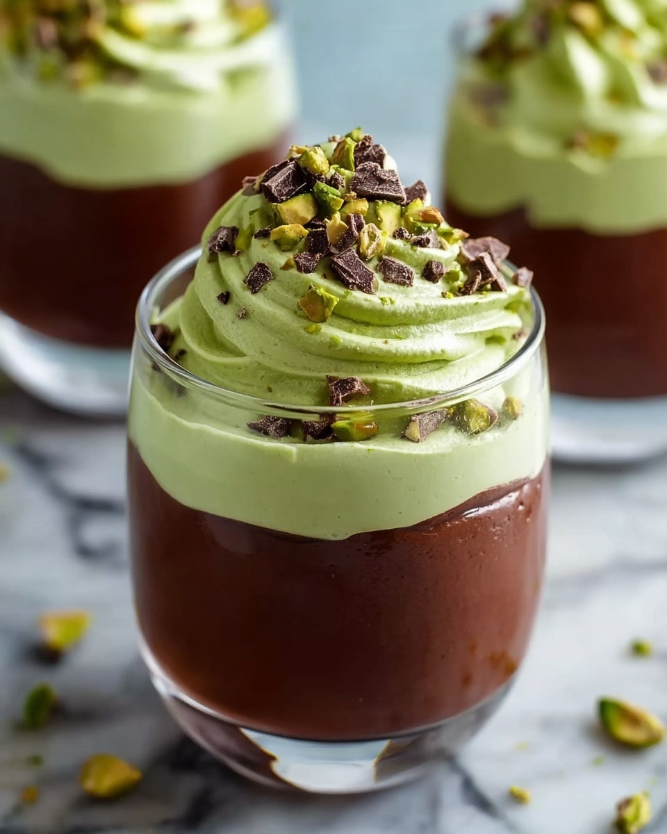 A clear glass filled with two layers: the bottom layer is thick, dark brown chocolate pudding that fills about two-thirds of the glass, topped with a swirl of light green creamy mousse. The green mousse is smooth and fluffy, making a soft peak above the rim of the glass, sprinkled with small dark chocolate chunks and bright green chopped pistachios. The glass sits on a white marbled surface with two similar glasses blurred in the background. Photo taken with an iphone --ar 4:5 --v 7