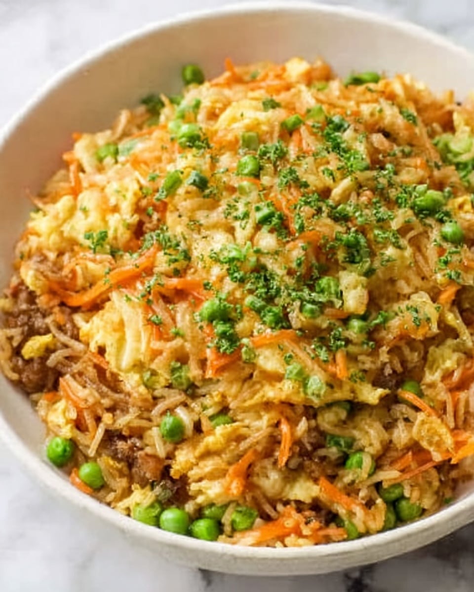 A white bowl filled with a layered dish of fried rice, showing a base of golden-brown rice with visible small pieces of green peas scattered throughout. On top, there are thin slices of cooked vegetables and bits of meat mixed in, giving a mix of light brown and green colors. The dish is garnished with finely chopped fresh green herbs sprinkled evenly across the surface. The bowl is placed on a white marbled surface, showing a clean and bright setting. Photo taken with an iphone --ar 4:5 --v 7