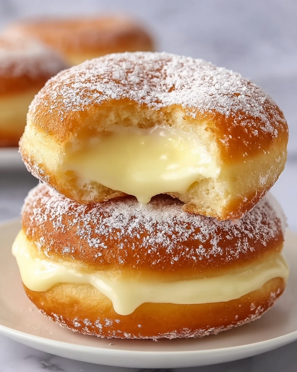 The image shows two golden-brown donuts stacked on a white plate. Both donuts are covered with a fine layer of white powdered sugar on top. The top donut has a bite taken out, revealing a smooth, light yellow creamy filling inside, which is thick and slightly glossy. The bottom donut is whole, but you can see the same creamy filling slightly oozing out from the middle layer where the two donuts meet. The white marbled texture surface below the plate adds a clean and simple background. photo taken with an iphone --ar 4:5 --v 7