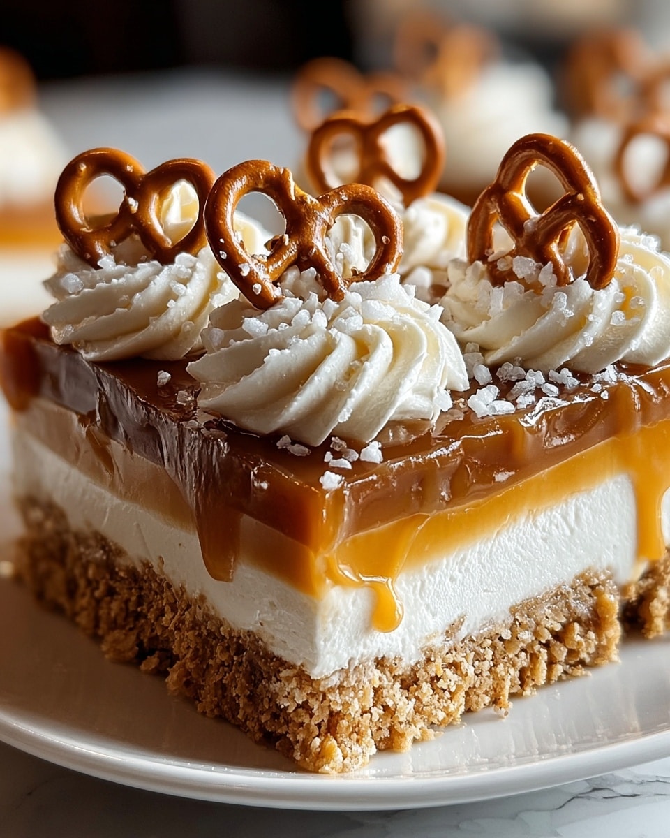A square dessert with four visible layers sits on a white plate over a white marbled surface. The bottom layer is a crumbly, golden-brown crust. Above this is a thick white creamy layer that looks smooth and soft. The third layer is a glossy, rich caramel that drips slightly down the sides. On top, there are white whipped cream swirls with three small, brown pretzels arranged on the cream, sprinkled with coarse white salt. The focus is close, showing the texture of each layer and decoration clearly. Photo taken with an iphone --ar 4:5 --v 7