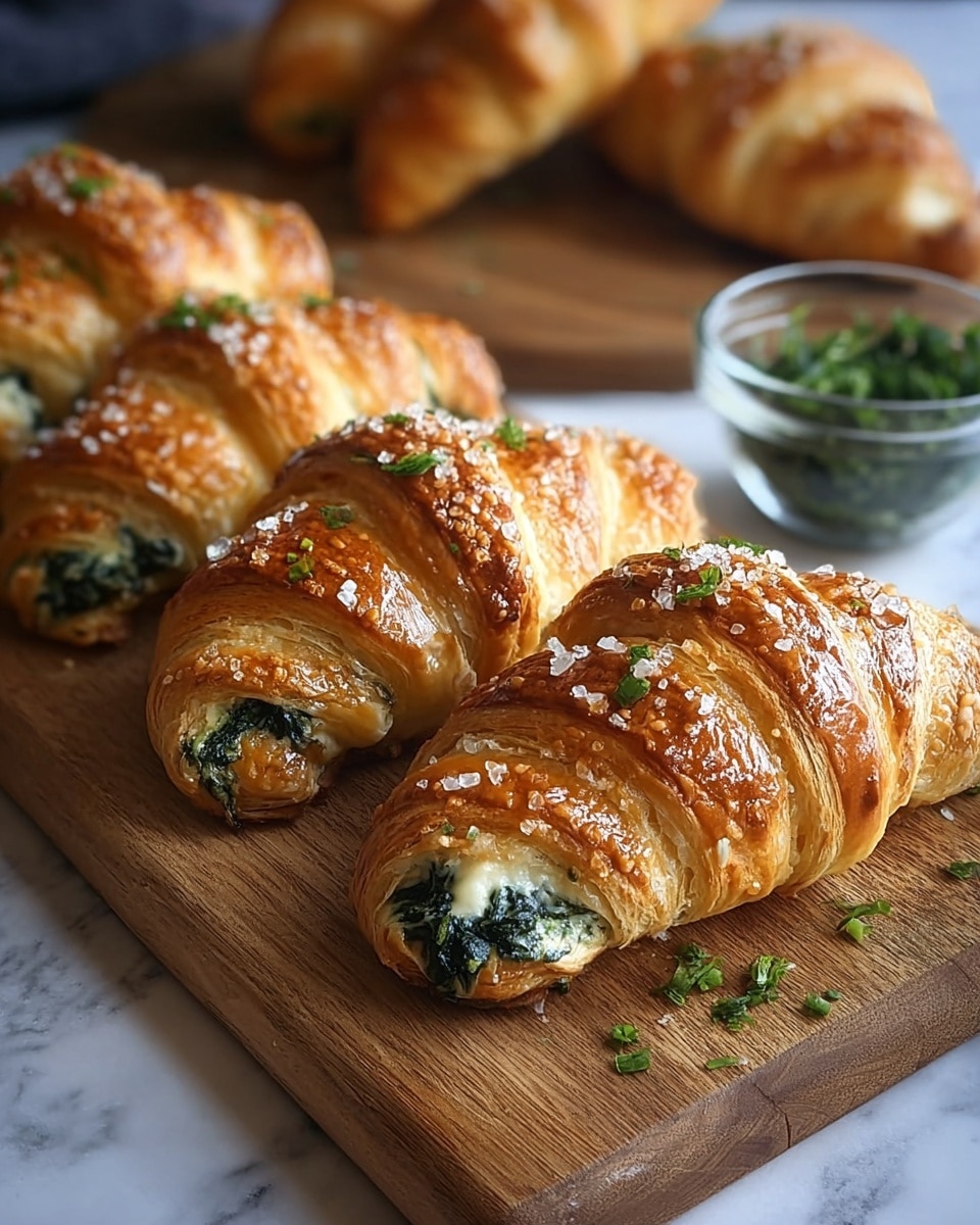 Golden brown croissants are shown on a wooden board, each croissant made of flaky, layered pastry with a shiny surface sprinkled with coarse salt. The croissants are cut in a braided pattern exposing a creamy white and dark green spinach filling inside. Small pieces of fresh green herbs are scattered on top of the croissants and on the wooden board. In the background, a small glass bowl holds fresh green herbs, and more croissants can be seen blurred on another wooden board, all set against a white marbled texture. photo taken with an iphone --ar 4:5 --v 7