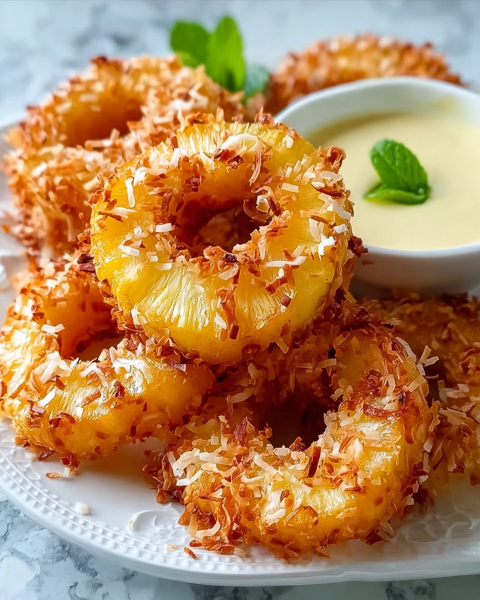 The image shows several golden brown pineapple rings that are covered with crispy toasted coconut flakes. The rings are stacked close together on a white plate with a delicate edge pattern. There is a small white bowl of creamy, light yellow dipping sauce placed near the top pineapples, topped with a small green mint leaf for a fresh touch. The background is a white marbled surface, adding a clean and bright feel to the picture. The texture of the toasted coconut is crunchy and uneven, contrasting nicely with the juicy pineapple inside. photo taken with an iphone --ar 4:5 --v 7
