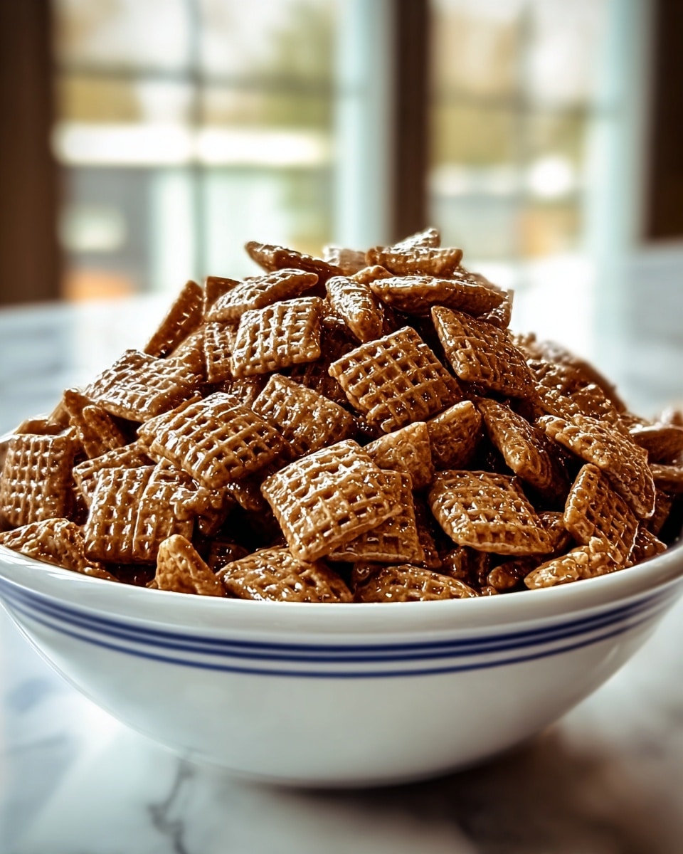 A large white bowl filled with many small square cereal pieces coated in a shiny caramel glaze, piled high to create a mound with visible grid patterns on each piece. The cereal pieces are golden-brown with a smooth, glossy texture reflecting light. The bowl sits on a white marbled surface, and soft natural light comes from the background, softly blurring the scene behind the bowl. photo taken with an iphone --ar 4:5 --v 7
