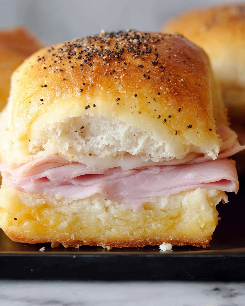 A close-up view of a small sandwich with three layers visible: a golden-brown top bun sprinkled with small black poppy seeds, a middle layer of thinly sliced light pink ham, and a bottom bun that is a soft, light yellow with a slightly browned edge at the base. The texture of the top bun looks slightly crisp and fluffy, while the ham appears tender and moist. The sandwich is shown partly cut, resting on a black surface against a white marbled textured background. Photo taken with an iphone --ar 4:5 --v 7