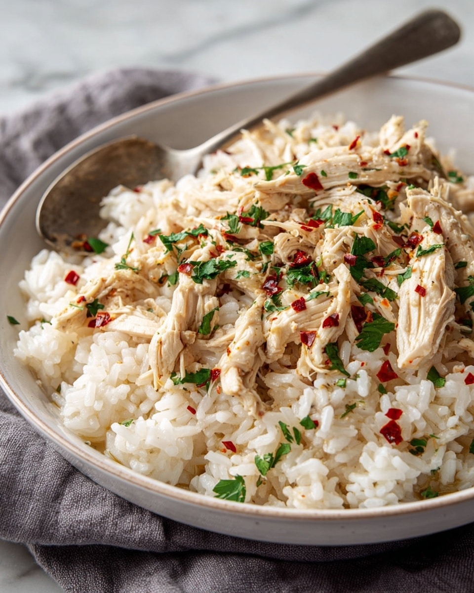 A close-up of a bowl with creamy white rice mixed with shredded light brown cooked chicken pieces, garnished with chopped green herbs and small red chili flakes sprinkled on top. The dish fills most of the bowl, which is white with a slight texture and a thin rim. A silver spoon rests in the bowl's edge. The whole scene is set on a soft folded gray cloth over a white marbled surface. Photo taken with an iphone --ar 4:5 --v 7