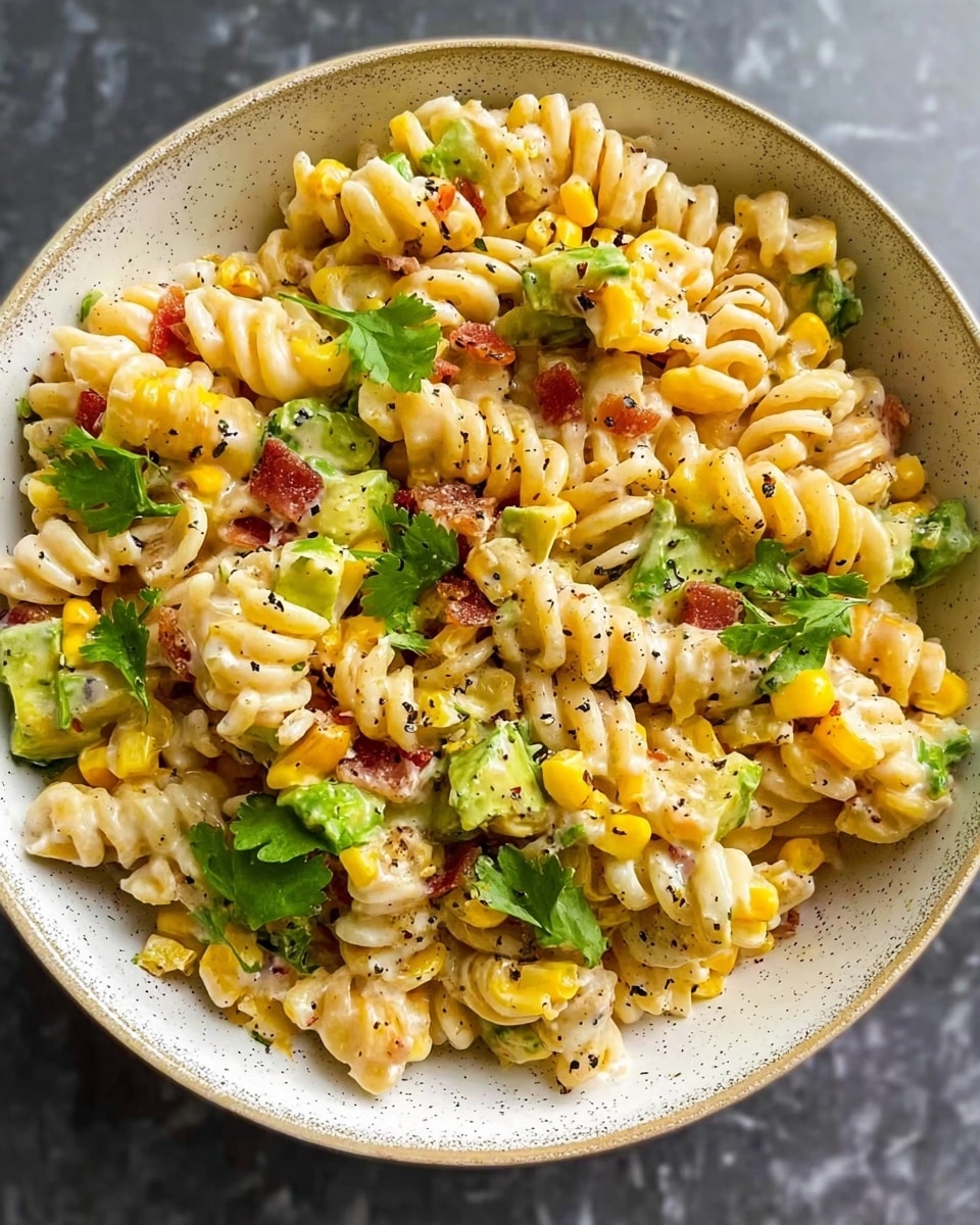 A close-up view of a bowl filled with creamy pasta salad made of light beige rotini pasta mixed with bright yellow corn kernels and small chunks of green avocado. The salad also contains bits of reddish-brown bacon scattered throughout. Fresh green cilantro leaves are sprinkled on top, adding a fresh touch. The pasta has a smooth, creamy texture with visible black pepper as seasoning on the surface. The bowl is white with a slightly speckled inside, placed on a white marbled textured surface. photo taken with an iphone --ar 4:5 --v 7