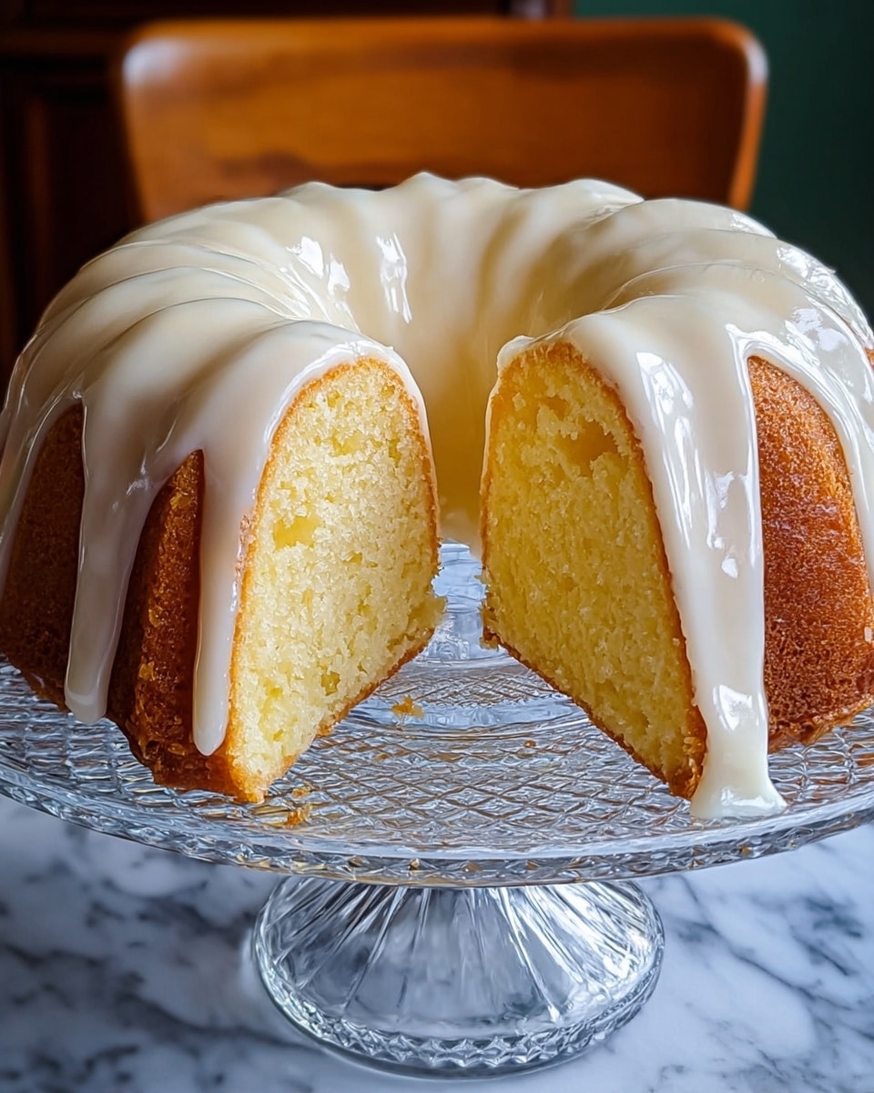 The image shows a sliced bundt cake placed on a clear glass cake stand with a textured design. The cake has two layers of light yellow, moist sponge visible inside. The outer surface is covered smoothly with a thick, glossy white glaze that drapes over the top and flows slightly down the edges in soft waves. The cake sits against a background with a white marbled texture and a wooden chair is partially visible behind it. photo taken with an iphone --ar 4:5 --v 7