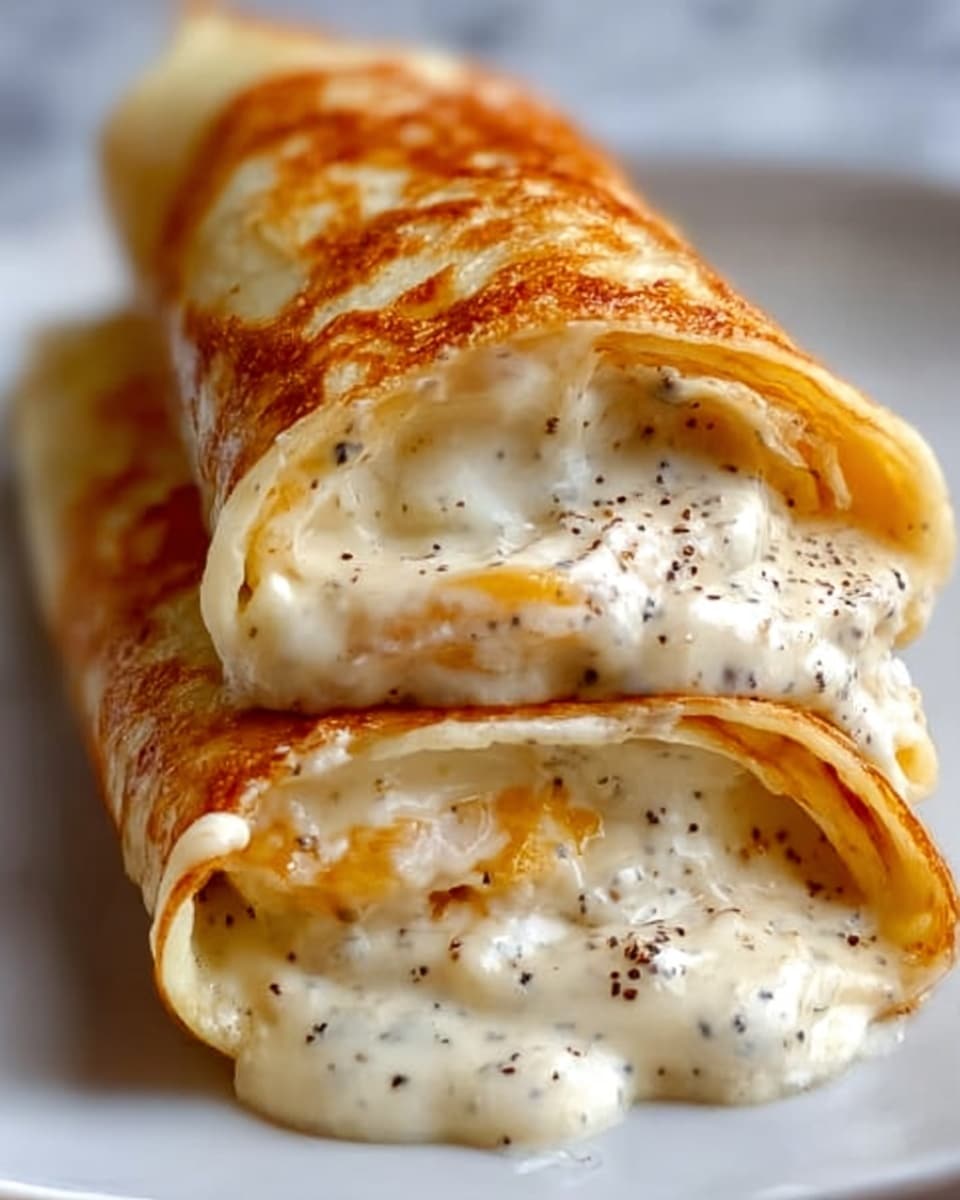 The image shows two rolled-up cheesy flatbreads stacked on top of each other on a white marbled surface. Each roll is golden-brown with a slightly crispy outer layer, and the inside is filled with thick, creamy white cheese sauce that oozes out, dotted with small specks of black pepper. The cheese looks smooth and rich, with a few melted orange cheese strands blending inside. The rolls appear soft and fresh, with the melted cheese creating a shiny, inviting texture around the edges. The photo is taken with an iphone --ar 4:5 --v 7
