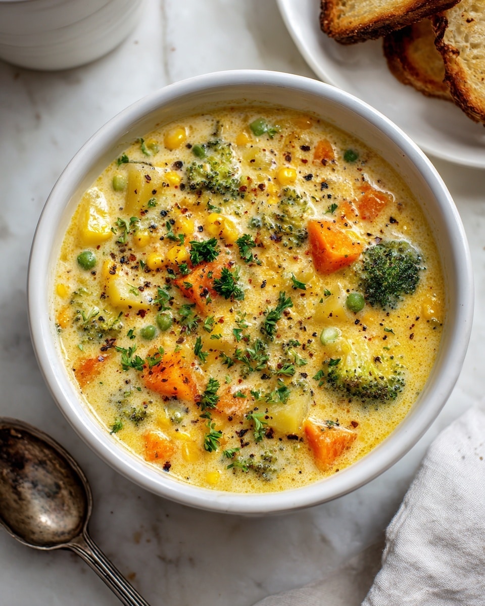 A close-up of a white bowl filled with creamy vegetable soup that has a yellowish-orange base. The soup contains bright green broccoli florets, orange carrot chunks, small yellow corn kernels, and green peas scattered throughout. The surface is sprinkled with finely chopped green herbs and cracked black pepper, adding specks of green and dark brown. The bowl sits on a light beige cloth, all on a white marbled surface. photo taken with an iphone --ar 4:5 --v 7