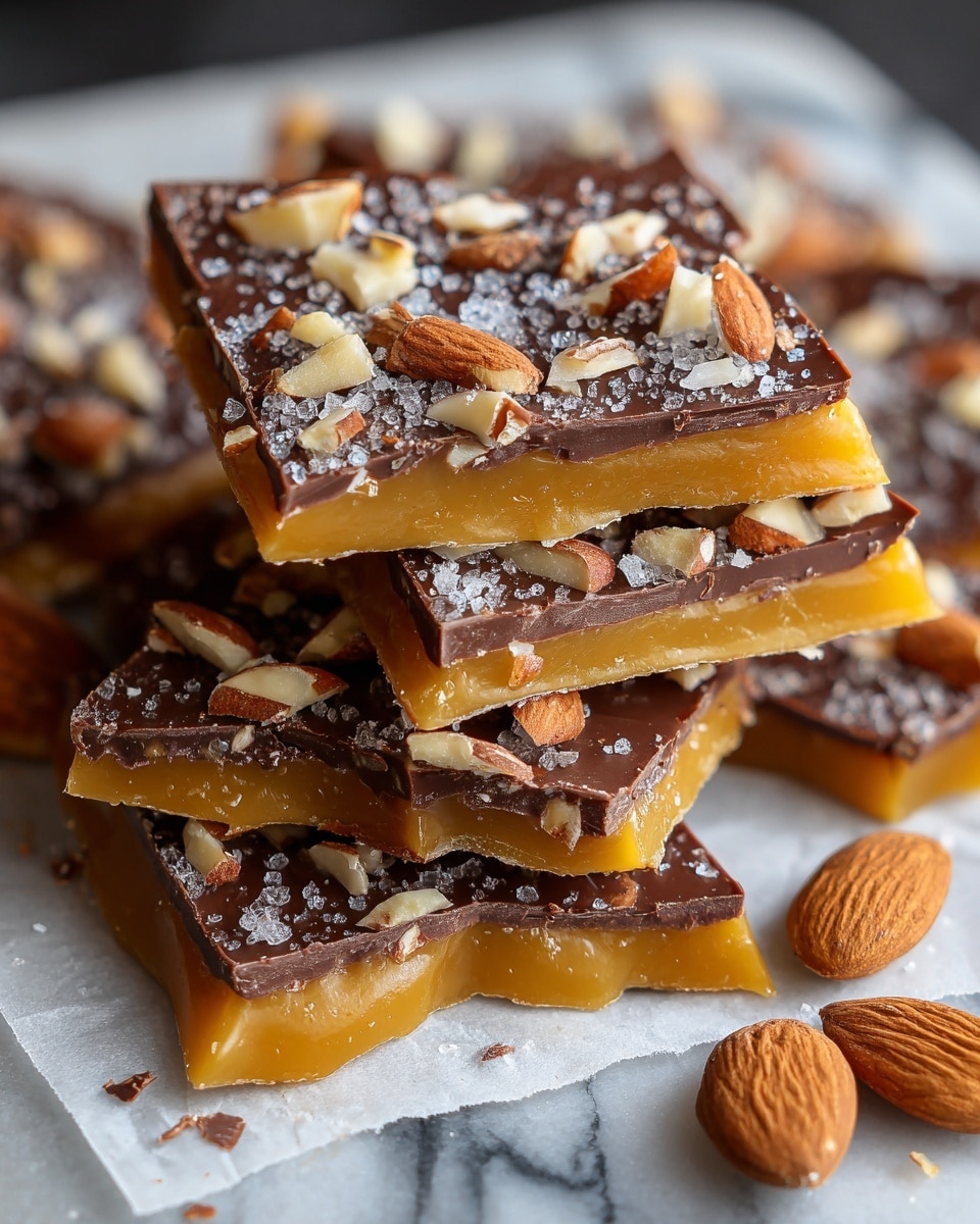 The image shows several pieces of layered toffee bark stacked on white parchment paper over a white marbled surface. Each piece has two distinct layers: a thick, glossy caramel yellow base and a smooth dark brown chocolate layer on top. The chocolate layer is sprinkled with chopped almonds and coarse sea salt crystals, adding a textured contrast with rough, uneven almond bits and sparkling salt. A few whole almonds are placed casually near the toffee bark, enhancing the rustic, homemade feel. Photo taken with an iphone --ar 4:5 --v 7