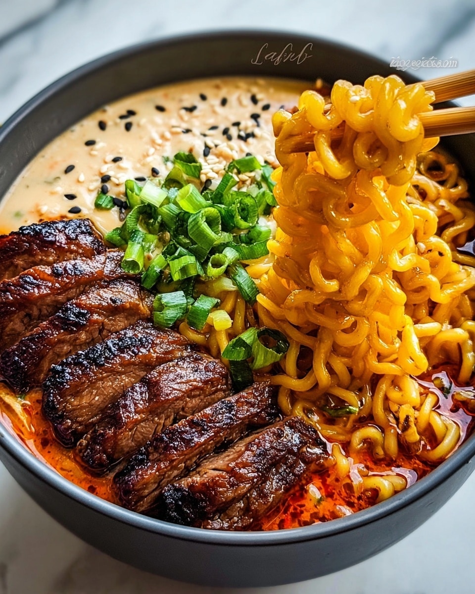 The image shows a white bowl filled with four main layers. On the left side, there is a creamy, light beige sauce sprinkled with small black seeds and chopped green onions. Next to it, thick slices of grilled dark brown beef are arranged in a row with some green onions on top. On the right side, there are bright yellow, curly noodles being lifted by a pair of wooden chopsticks, showing their texture clearly. The bottom layer under the beef and noodles is a rich, red-orange broth with visible spices and small bits of food, creating a vibrant look. The bowl sits on a white marbled surface. photo taken with an iphone --ar 4:5 --v 7