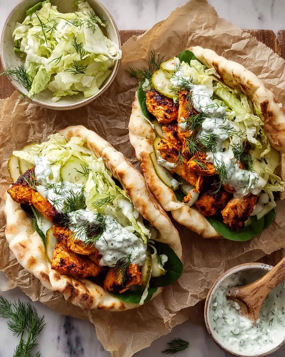 Two pita sandwiches rest on crumpled parchment paper placed on a white marbled surface. Each pita, golden brown with light toasting marks, holds layers starting with bright green spinach leaves at the base. Above are thick, grilled chicken pieces with a rich orange-brown char, followed by pale green pickle slices. The top is filled with shredded light green lettuce and dollops of creamy white tzatziki sauce sprinkled with fresh dill. Nearby, a small white bowl contains more shredded lettuce with a wooden fork, and another white bowl holds extra tzatziki with a wooden spoon partly dipped in it. Sprigs of fresh dill decorate the scene, enhancing the fresh look. Photo taken with an iphone --ar 4:5 --v 7