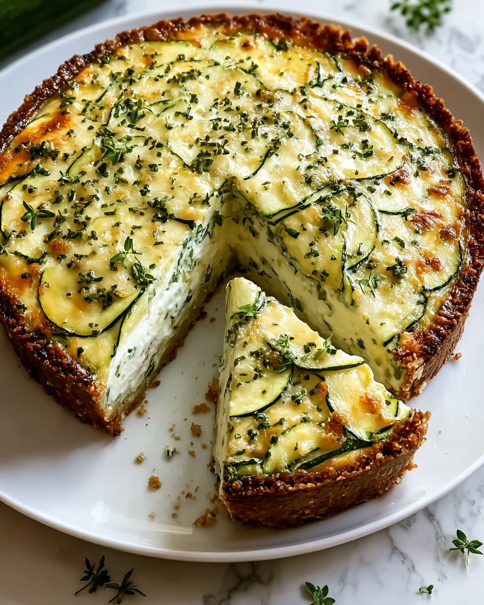 A round zucchini and cheese tart with one slice cut out sits on a white plate over a white marbled surface. The tart has a golden brown crust at the bottom and sides. The middle layer is thick, creamy, and white, filled with small pieces of green zucchini. The top layer consists of thin green zucchini slices mixed with melted cheese that is golden with slightly browned spots, sprinkled with small green herb leaves. Small green herbs are also scattered around the plate. Photo taken with an iphone --ar 4:5 --v 7