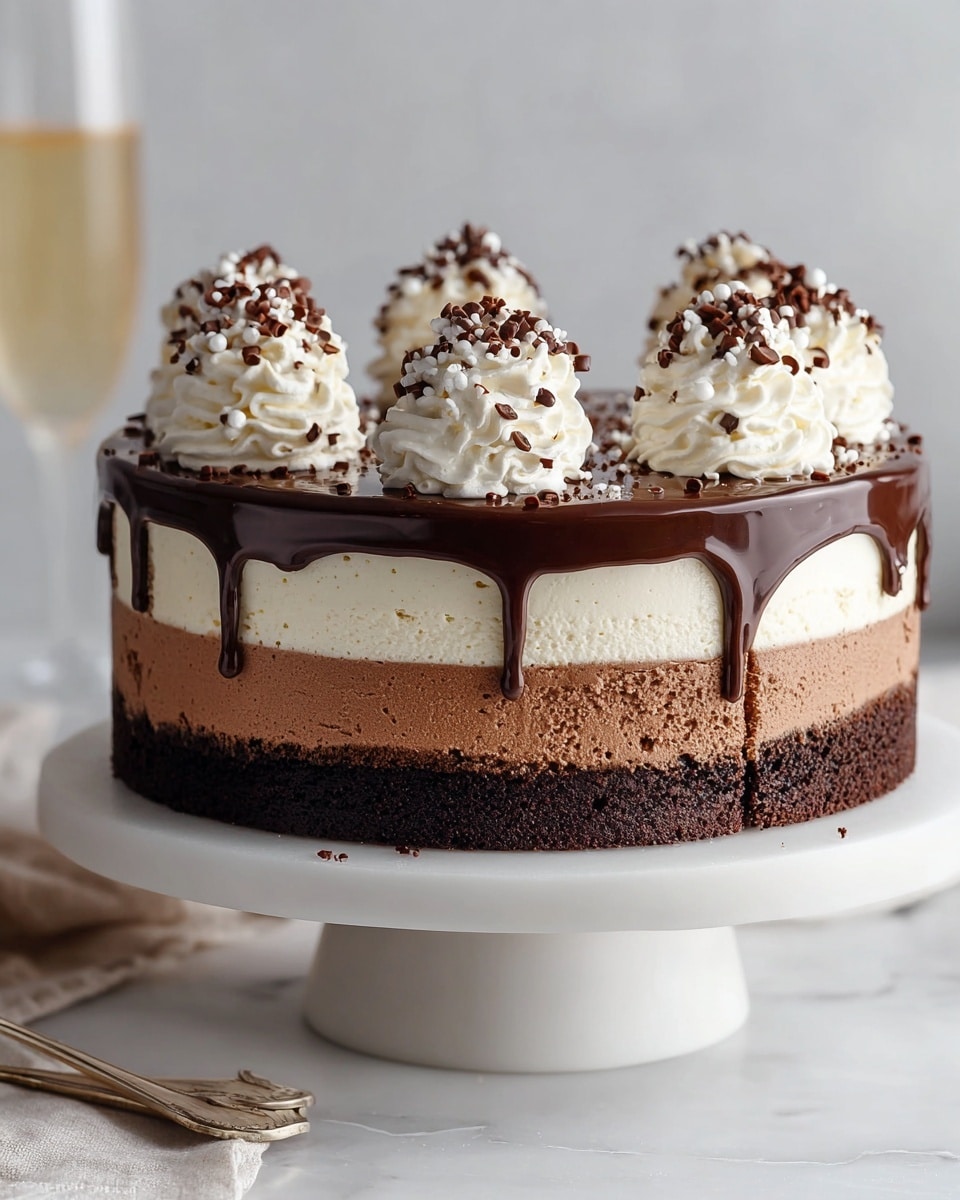 The cake has four visible layers placed on a white cake stand with a white marbled surface underneath. The bottom layer is a dark, moist chocolate crumb base, followed by a thin light brown chocolate mousse layer. Above this is a thick creamy white layer, and on top of that is a thick milk chocolate mousse layer. The top of the cake is covered with a shiny dark chocolate ganache that slightly drips down the sides. On top, there are six dollops of white whipped cream, each sprinkled with small chocolate curls and tiny white candy beads. In the background, there is a blurred glass with a light-colored drink. photo taken with an iphone --ar 4:5 --v 7