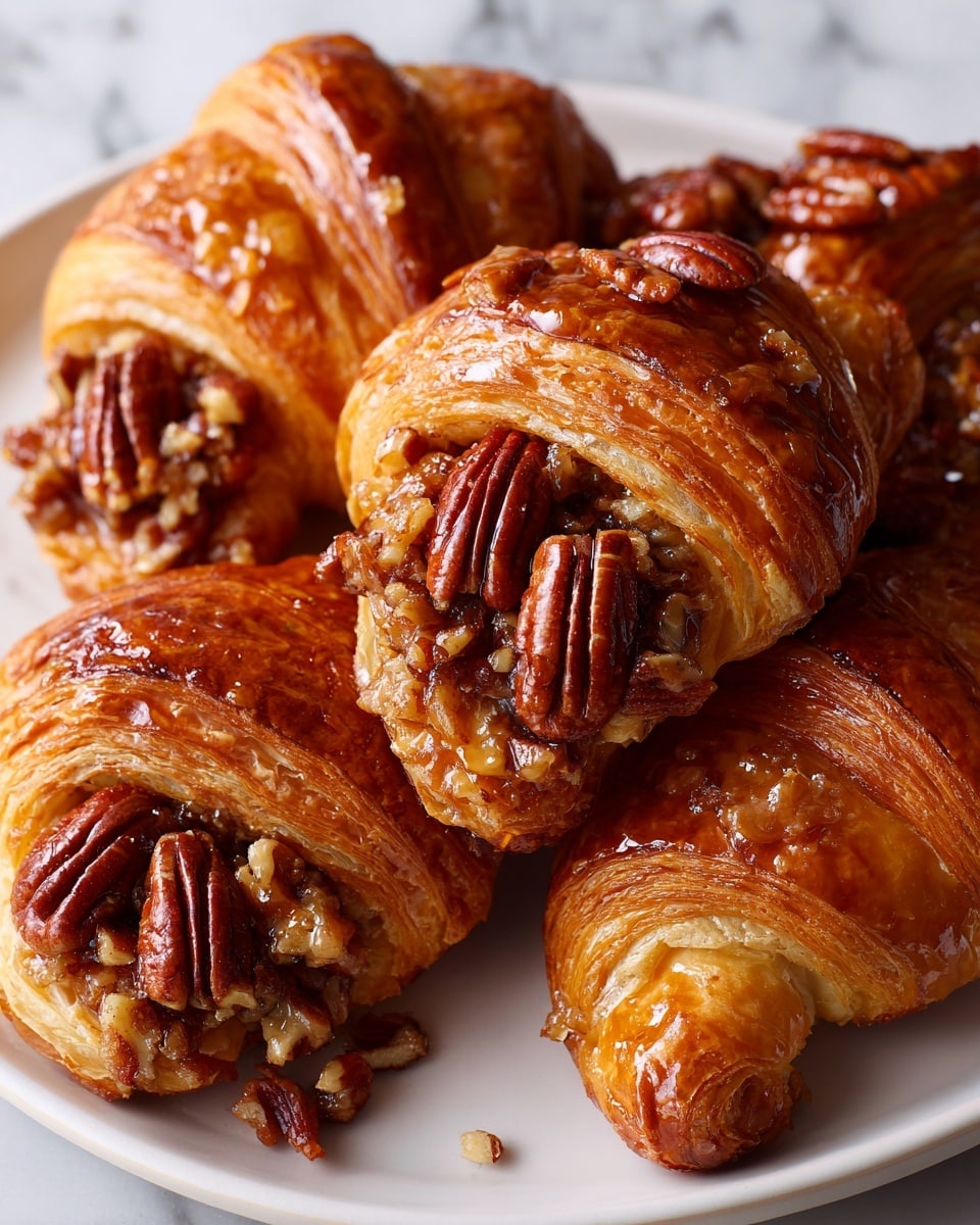 The image shows a close-up of several golden-brown croissants on a white plate placed on a white marbled surface. Each croissant consists of multiple delicate, flaky layers with a shiny, glazed finish. The open end of the croissants reveals a filling of sticky, caramelized pecans and chopped nuts, with whole pecans positioned on top, adding texture and color contrast. The warm, rich caramel glaze coats the nut filling, enhancing the croissants' glossy look. photo taken with an iphone --ar 4:5 --v 7