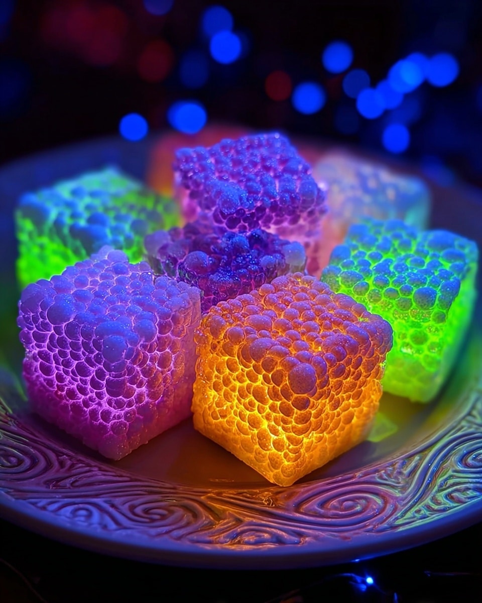 The image shows eight small cube-shaped desserts with a bumpy, bubble-like texture on their surface. Each cube glows with bright neon colors, including purple, blue, green, orange, and yellow, creating a rainbow effect. These cubes sit closely together on a decorative white plate with a raised swirl pattern. The background is dark but has small blurry blue light spots, giving a festive feel. The glowing cubes appear translucent and shiny, almost like they are lit from within. photo taken with an iphone --ar 4:5 --v 7