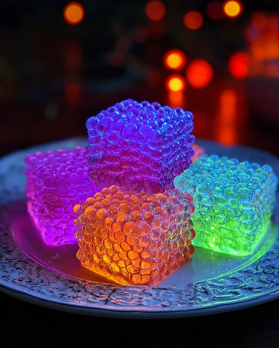 Five textured square cubes that look like translucent gummy or jelly candies are arranged in a small circle on a white plate with an intricate raised design. Each cube glows with bright colors: purple and orange on the two front cubes, purple and pink on the left cube, and blue and green on the two cubes at the back. The cubes have a bubbly, bead-like surface covering all sides, catching the colored light to create a shiny and wet look. The plate sits on a white marbled textured surface, and the background is dark with soft orange and red out-of-focus lights. photo taken with an iphone --ar 4:5 --v 7