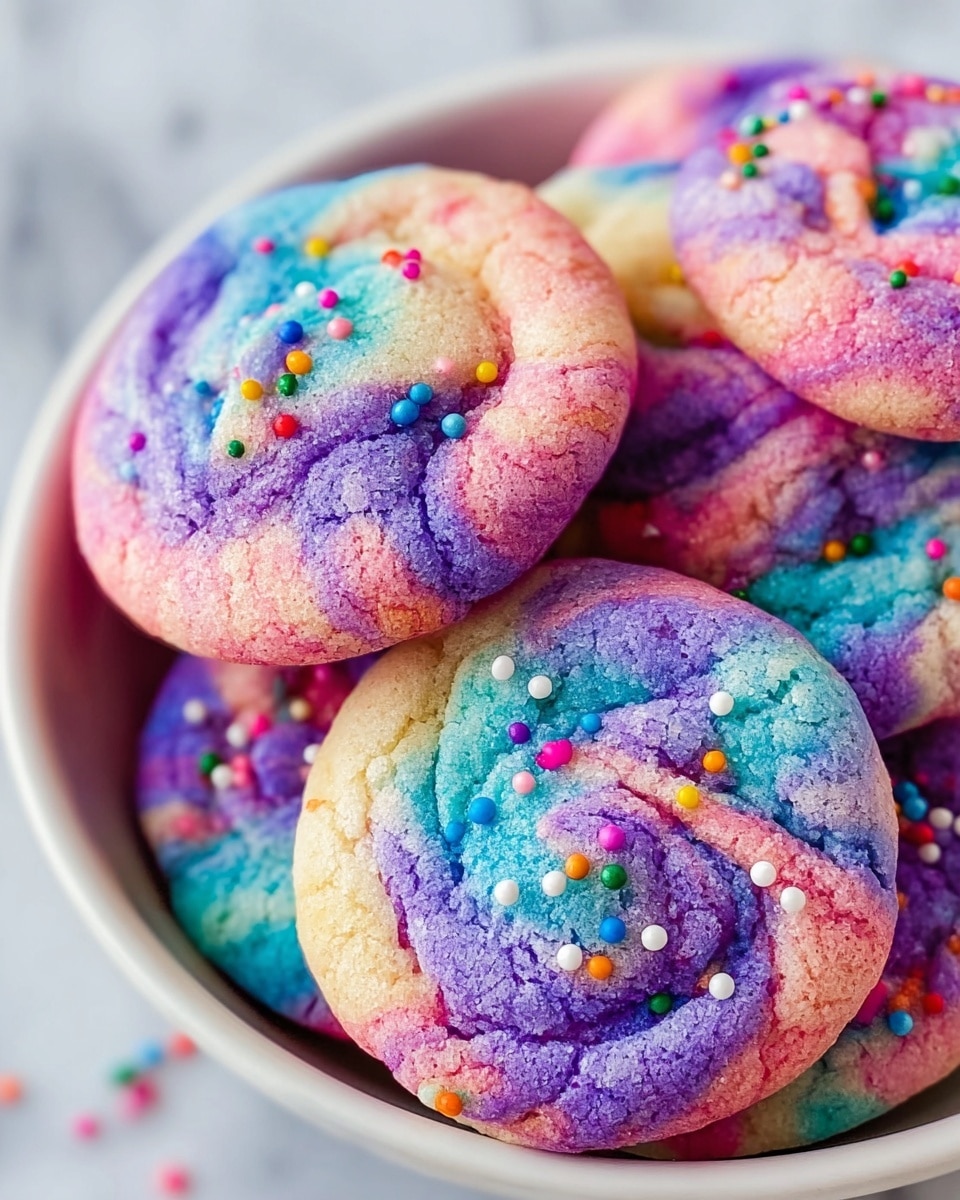 A close-up view of several soft, round cookies with a swirled tie-dye pattern in shades of pastel pink, purple, blue, and yellow, each cookie showing a slightly cracked texture on top with small round colorful sprinkles scattered across their surface. The cookies are stacked and placed inside a white bowl resting on a white marbled surface. The playful mix of colors and sprinkles gives the cookies a fun and vibrant look. photo taken with an iphone --ar 4:5 --v 7