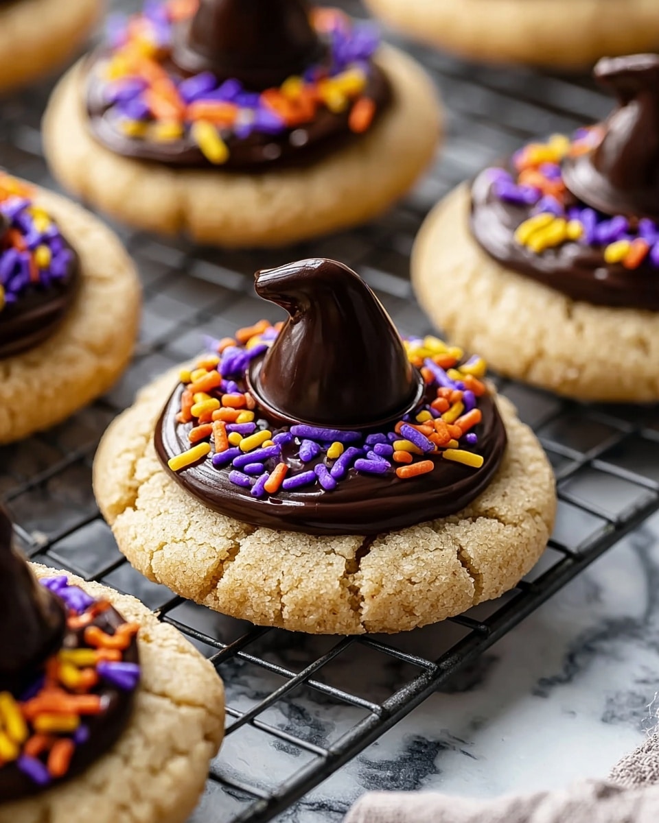 The image shows soft, round light brown cookies with a cracked texture on a cooling rack over a white marbled surface. Each cookie has three layers: the base is the light brown cookie, the middle is a smooth, dark chocolate spread forming a thick, glossy circle on top, decorated with colorful orange, purple, yellow, and green sprinkles around the edge. The top layer is a shiny, dark chocolate piece shaped like a small witch's hat standing upright at the cookie's center. The overall look is festive and playful. photo taken with an iphone --ar 4:5 --v 7