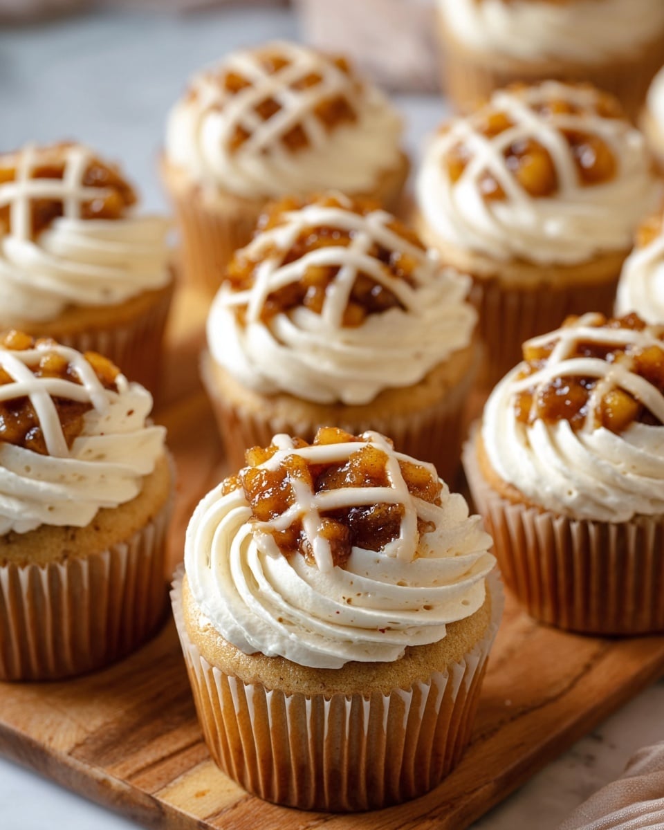 This image shows several cupcakes placed closely together on a wooden tray and a white marbled surface. Each cupcake has three clear layers: a light golden-brown cake base, a middle topping of small, shiny, caramelized chunky apple pieces with a brown cinnamon glaze, and a final layer of creamy white frosting carefully piped in two styles—some with rosette-like swirls circling the top edge, and others with a lattice pattern of frosting strips crossing over the apple topping. The creamy frosting has a smooth texture with subtle specks of cinnamon, contrasting with the glossy, textured apple pieces. The background is softly blurred to keep focus on the cupcakes. photo taken with an iphone --ar 4:5 --v 7