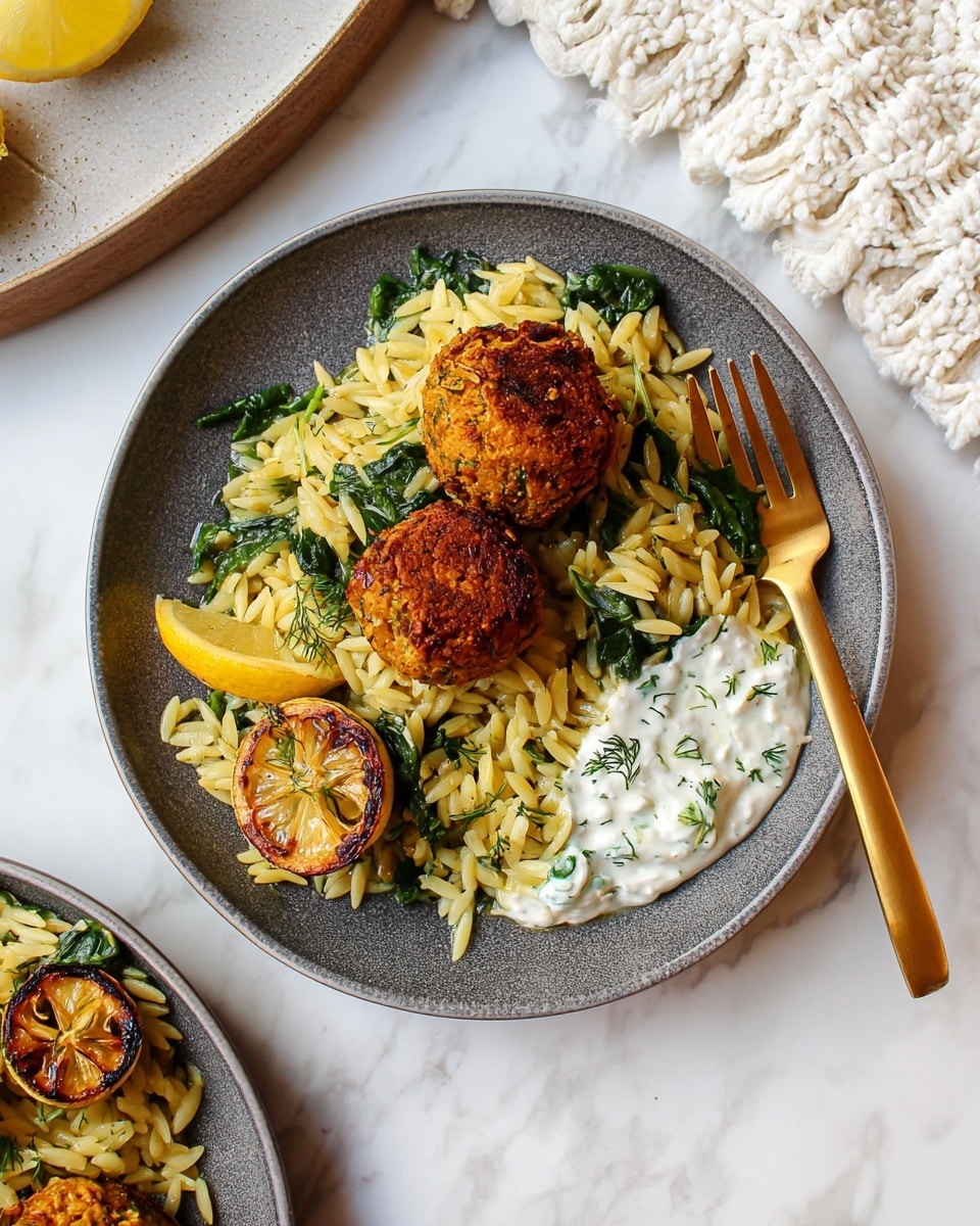 A round gray plate holds a dish with a base layer of yellow orzo pasta mixed with green spinach leaves. On top, there are three golden-brown, crispy falafel balls, each showing a rough, textured surface. Two slices of charred lemon are placed on the pasta near the falafel, adding a burnt yellow and brown color contrast. At the front edge of the plate, a white dollop of creamy yogurt sauce with green herb pieces forms the last layer. A shiny gold fork rests partly on the plate with its handle pointing outward, all placed on a white marbled surface with parts of a white textured cloth and a second plate visible on the side. Photo taken with an iphone --ar 4:5 --v 7