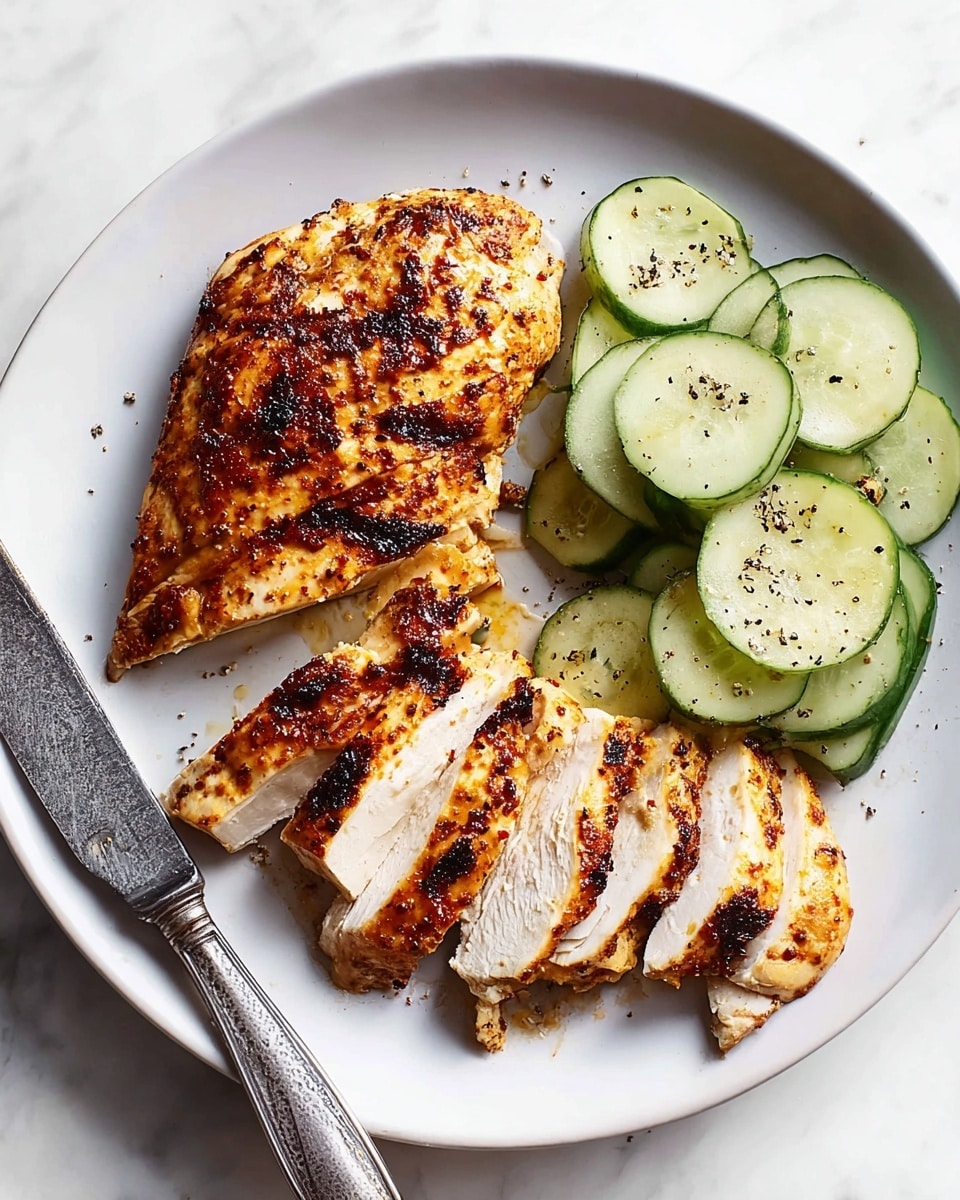 A white plate sits on a white marbled surface holding a grilled chicken breast with a golden-brown, slightly charred crust; the chicken is partially sliced into thick pieces showing the white juicy inside. Beneath and beside the chicken slices, there is a small bed of thin, uneven cucumber slices with a light green skin and pale green flesh, sprinkled lightly with black pepper and seasoning. A vintage silver knife rests on the left edge of the plate. photo taken with an iphone --ar 4:5 --v 7