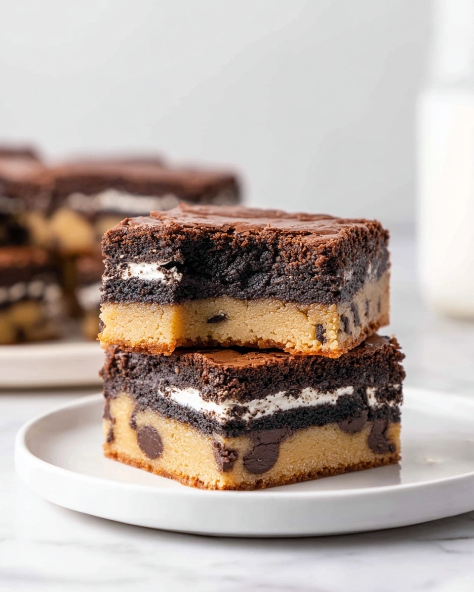 The image shows two square dessert bars stacked on a white plate with a white marbled background. Each bar has three visible layers: the bottom layer is a light tan cookie dough with chocolate chips visible, the middle layer is a dark brown Oreo cookie with white cream filling, and the top layer is a rich, fudgy dark brown brownie. The top bar has a bite taken out from the front edge, showing the soft texture inside. Photo taken with an iphone --ar 4:5 --v 7