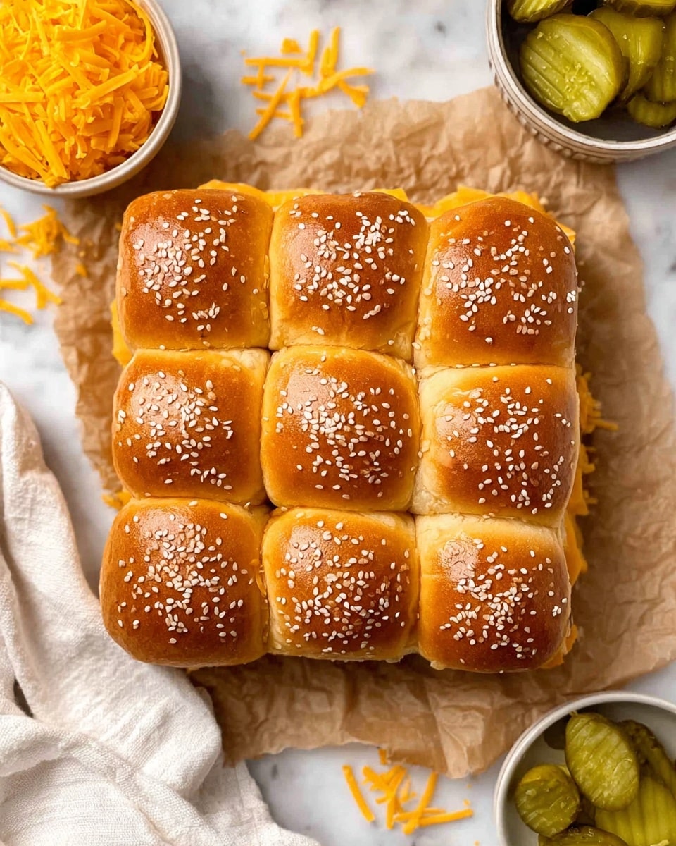 A square sandwich made of 12 golden brown dinner rolls with sesame seeds sprinkled evenly on top, arranged in a 3 by 4 grid, sitting on crinkled brown parchment paper. The sandwich has a soft, shiny texture with visible layers of crunchy browned edges. Around it, there are bowls of bright orange shredded cheddar cheese and green pickles with ridged edges, placed on a white marbled surface. Some pickle slices and cheese shreds are scattered near the sandwich, and a white cloth lies nearby. photo taken with an iphone --ar 4:5 --v 7