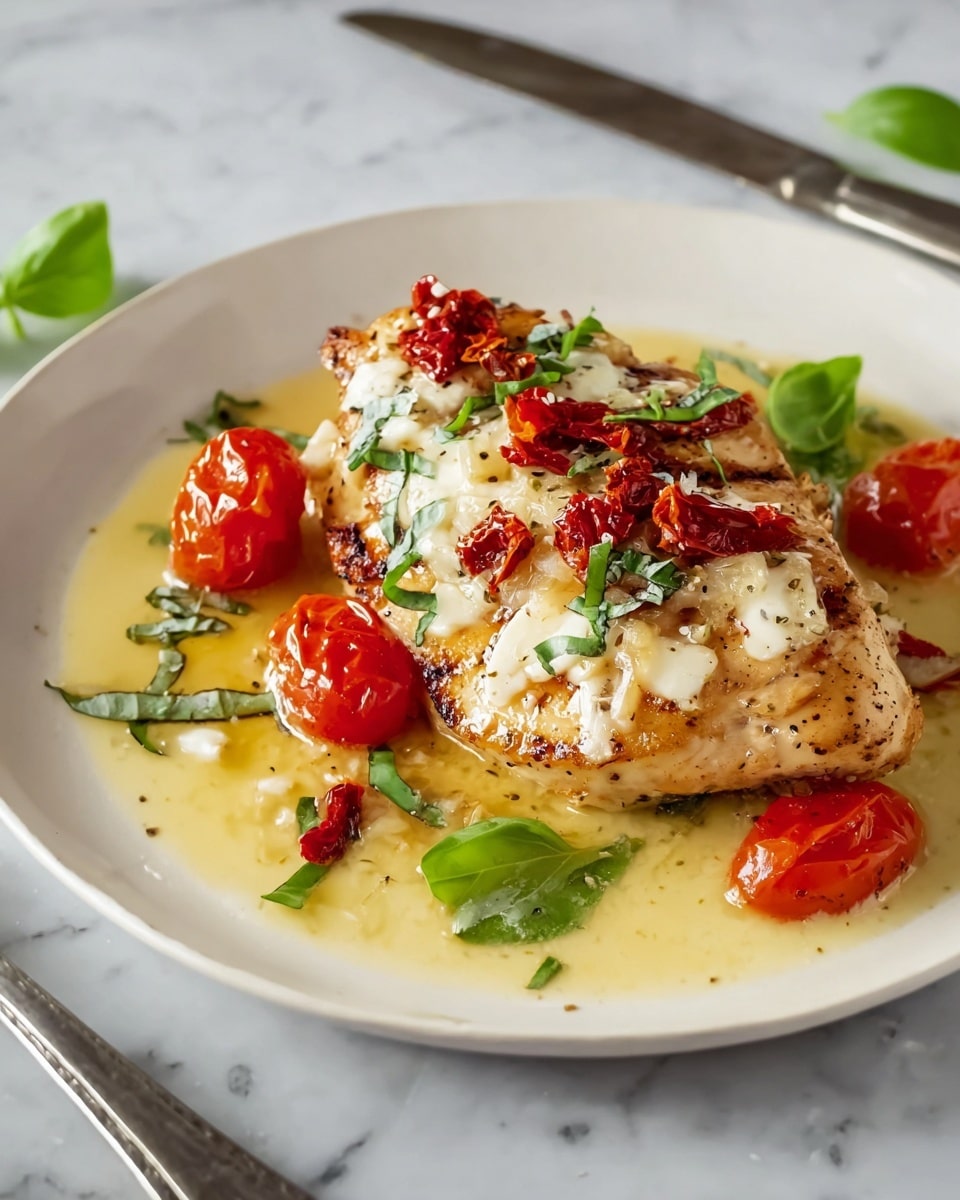 A single grilled chicken breast rests in the center of a white plate, topped with a layer of soft white cheese, thin slices of cooked onions, and scattered pieces of sun-dried red tomatoes with green basil leaves. Surrounding the chicken are small bright red cherry tomato halves and fresh green basil leaves, all sitting in a light yellow sauce that pools on the plate. The chicken itself has a golden-brown, slightly crispy texture, with visible grill marks and pepper seasoning. The scene has a clean, white marbled surface background, with a silver knife placed beside the plate. Photo taken with an iphone --ar 4:5 --v 7
