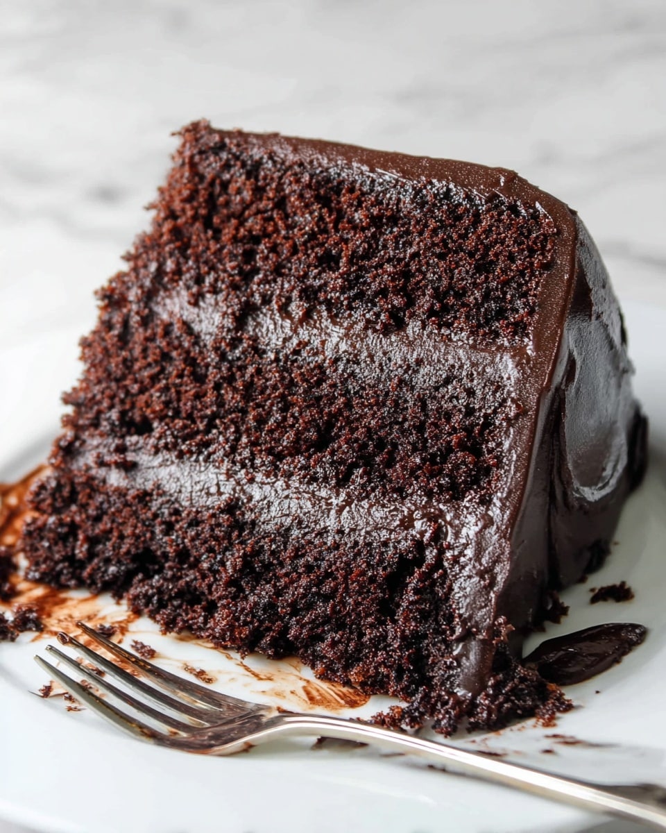 A thick slice of three-layer dark chocolate cake sits on a white plate, showing moist, crumbly dark brown cake layers separated and coated by glossy, rich dark chocolate frosting. The frosting smoothly covers the bottom and sides of the slice with dense texture. In the background, a white cake stand holds the rest of the whole layered cake against a black backdrop. The surface beneath the plate is a white marbled texture. Photo taken with an iphone --ar 4:5 --v 7