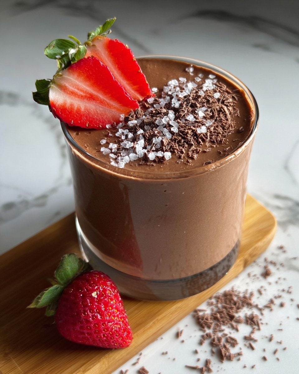 A clear glass filled with smooth, rich chocolate mousse topped with finely grated chocolate and a few sea salt crystals on one side; on the top left edge, there are three thin slices of fresh red strawberry with green leaves on top, slightly resting into the mousse. The glass is placed on a white marbled surface with some scattered grated chocolate and a whole strawberry with green leaves to the side, and a wooden board partially under the glass on the left side. Photo taken with an iphone --ar 4:5 --v 7