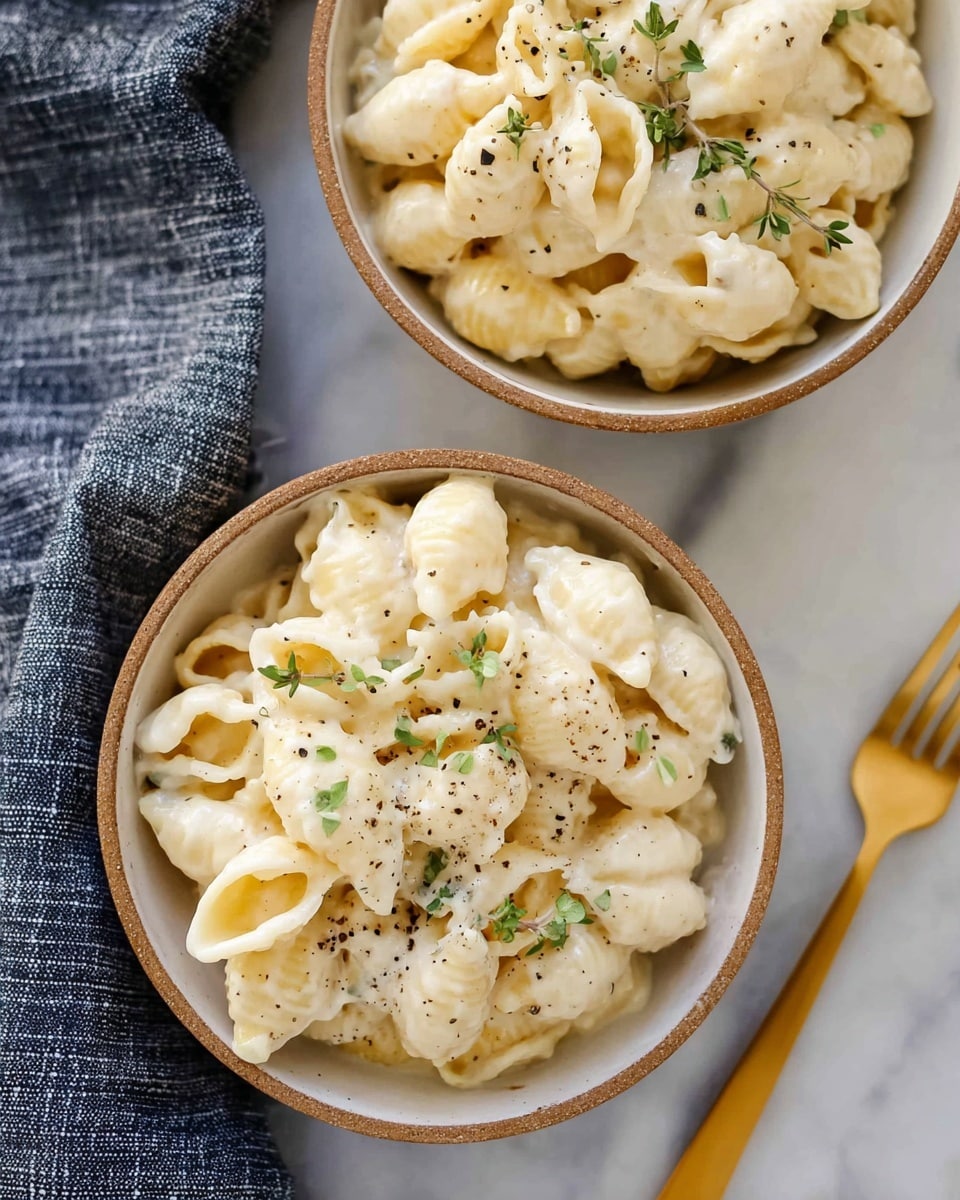 A close-up view of two bowls filled with creamy white macaroni and cheese, with shell-shaped pasta coated in a smooth, rich cheese sauce. The pasta is arranged in two layers within the bowls. The top layer is sprinkled with small green herb leaves and black pepper, adding a fresh and textured look. The bowls are white with a natural brown rim and are placed on a white marbled surface. Next to one bowl is a gold fork and a blue-gray striped cloth napkin, adding a cozy and inviting feel. Photo taken with an iphone --ar 4:5 --v 7