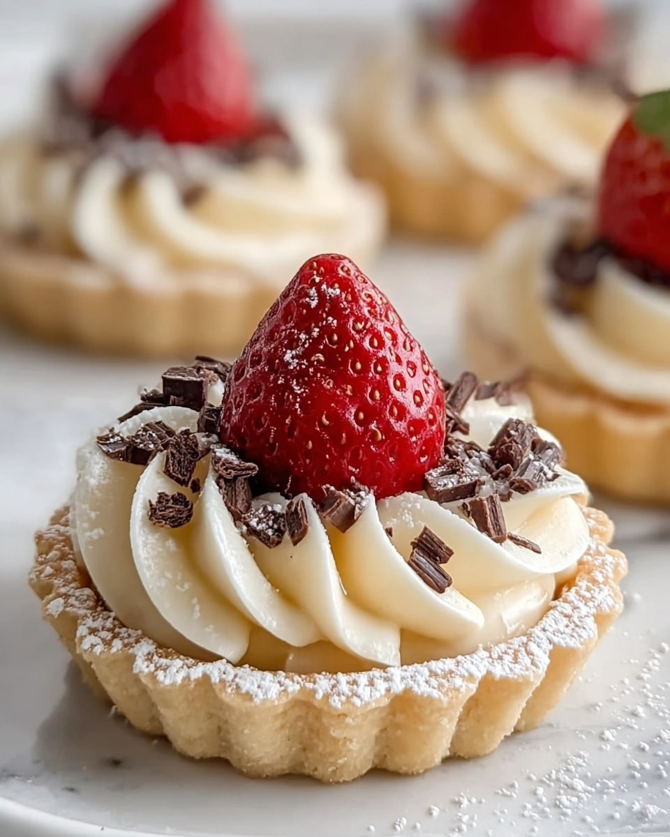 A small tart with a light golden crust forms the base, dusted lightly with powdered sugar on the edges. Inside, there is a smooth, creamy white filling piped in soft, swirled waves. On top of the cream, there are small dark chocolate shavings scattered evenly around a bright red strawberry that is placed in the center. The strawberry is fresh and shiny, with visible seeds and a smooth texture. The tart sits on a white plate against a white marbled background, and similar tarts are softly blurred in the background. Photo taken with an iphone --ar 4:5 --v 7