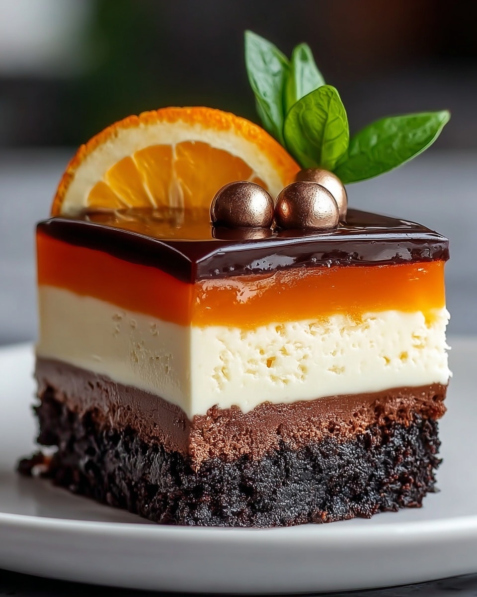 A close-up image of a dessert slice on a white plate with a white marbled background. The dessert has five visible layers: a dark, crumbly chocolate base at the bottom, followed by a thick dense dark chocolate layer, then a thick creamy white layer above it, topped by a thin orange jelly layer, and a glossy dark chocolate glaze on top. The dessert is garnished with a fresh orange slice, small shiny chocolate balls, and a couple of green leaves on the top right corner of the slice. Photo taken with an iphone --ar 4:5 --v 7
