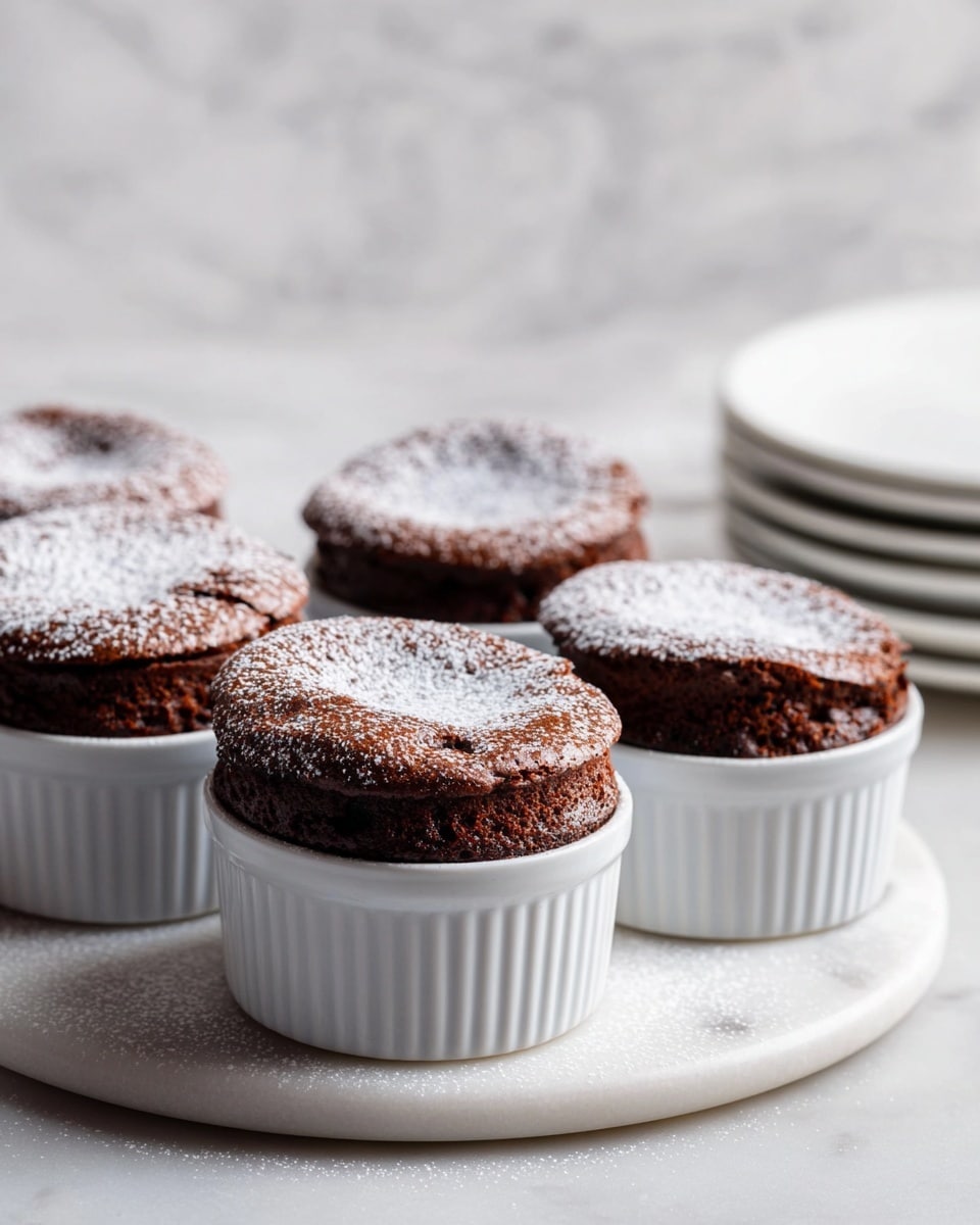 Five chocolate soufflés in white ceramic ramekins sit on a round white marble tray. Each soufflé has a dark brown top dusted lightly with powdered sugar, creating a soft white layer of fine powder over the textured, slightly cracked surface. The soufflés rise above the edge of the ramekins with a puffy, airy look, showing a rich, moist texture. In the background, there are stacked white plates blurred out, all placed on a white marbled surface. The scene is softly lit, highlighting the delicate contrast between the dark chocolate tops and the bright white dishes. photo taken with an iphone --ar 4:5 --v 7