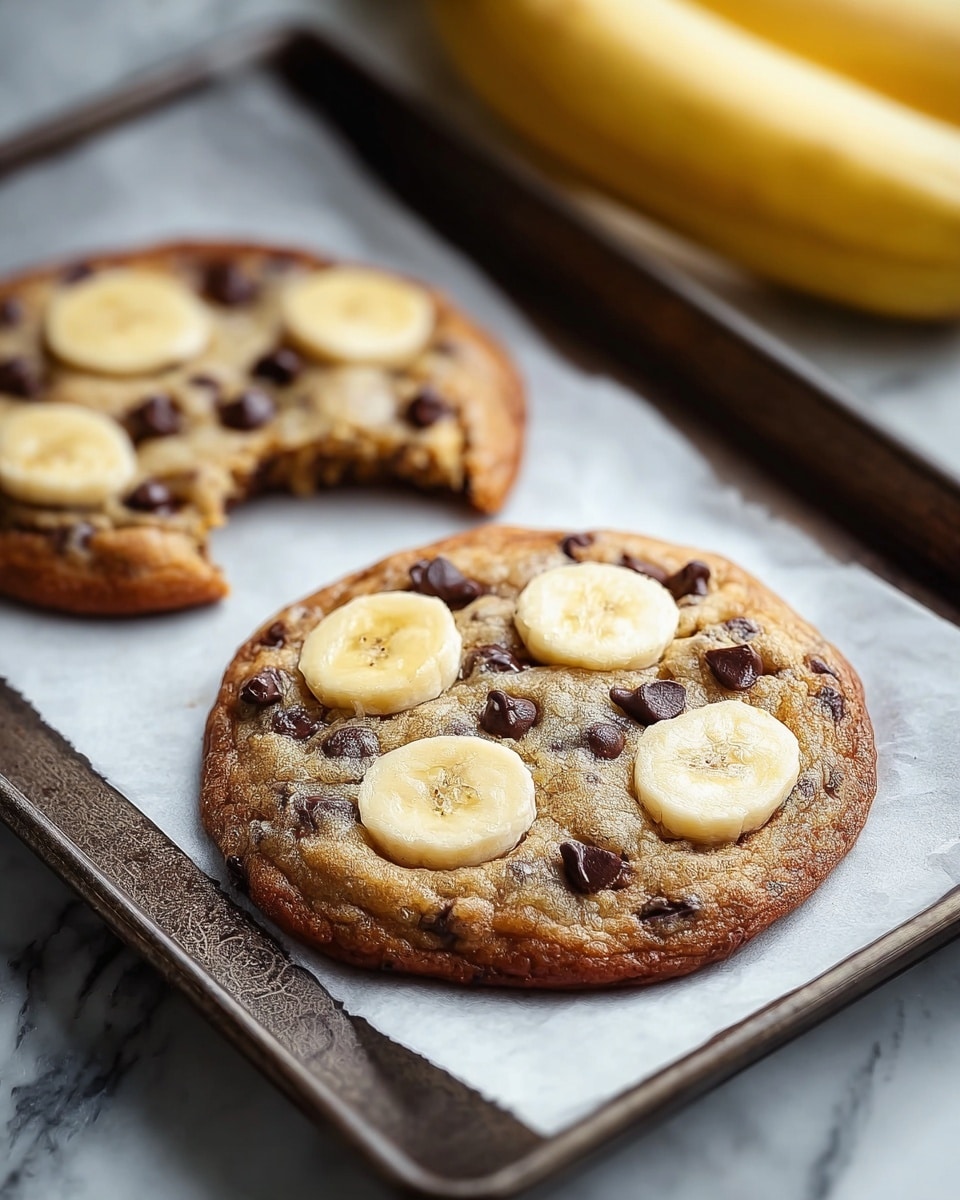 Two large, round cookies are placed on white parchment paper on a dark baking tray, resting on a white marbled surface. Each cookie has a golden-brown color and a slightly crispy texture around the edges. The top of each cookie is decorated with several smooth, pale yellow banana slices embedded in the dough, evenly spaced. Dark, melted chocolate chips are scattered across the cookies, contrasting with the banana pieces and the warm cookie base. One cookie is whole, while the other is broken, revealing a chewy, soft inside. A ripe yellow banana sits blurred in the background. photo taken with an iphone --ar 4:5 --v 7