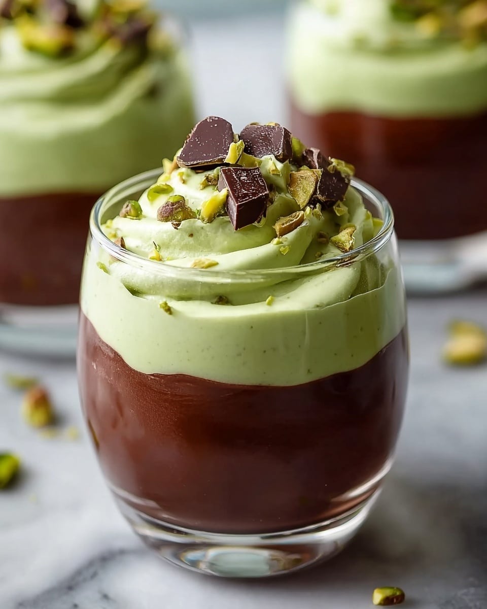 A clear glass holds a two-layer dessert placed on a white marbled surface. The bottom layer is dark brown and smooth, looking like thick chocolate pudding or mousse, filling most of the glass. On top is a thick, light green cream layer, swirled in a soft, fluffy texture. The green cream is decorated with small pieces of dark chocolate squares and chopped green pistachios scattered evenly. In the blurred background, there are two more similar glasses with the same dessert. photo taken with an iphone --ar 4:5 --v 7