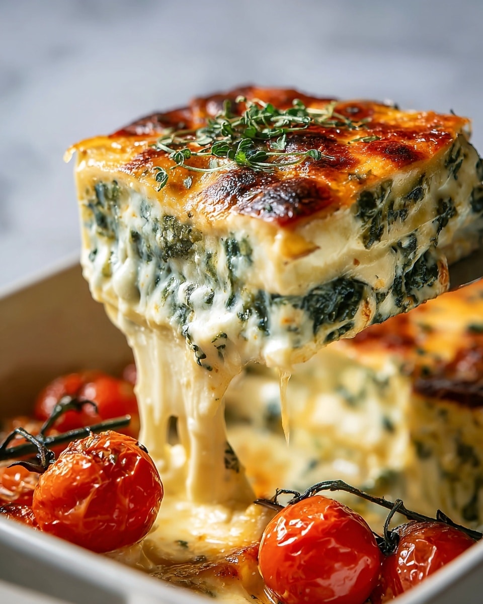 A slice of spinach and cheese lasagna is being lifted, showing three main layers: a golden brown, slightly crispy cheese top layer with fresh green herb garnish, a thick middle layer filled with bright green spinach mixed with creamy melted white cheese, and a bottom layer of melted cheese oozing down into the white baking dish. Around the dish, roasted cherry tomatoes add a pop of red, and the background features a white marbled texture. Photo taken with an iphone --ar 4:5 --v 7