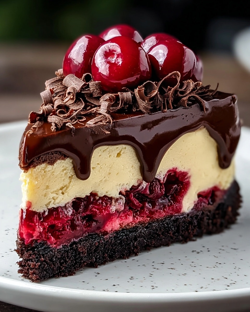 A slice of cake with four layers sits centered on a white plate with a subtle texture. The bottom layer is thick and dark chocolate cake with a crumbly texture. Above it is a smooth, thick cream-colored cheesecake layer. On top of that is a bright red cherry layer with a slightly chunky texture, topped with a dark glossy chocolate glaze that drips slightly down the sides. The chocolate glaze is decorated with whole shiny dark red cherries and curly dark chocolate shavings. The background is a white marbled texture. photo taken with an iphone --ar 4:5 --v 7