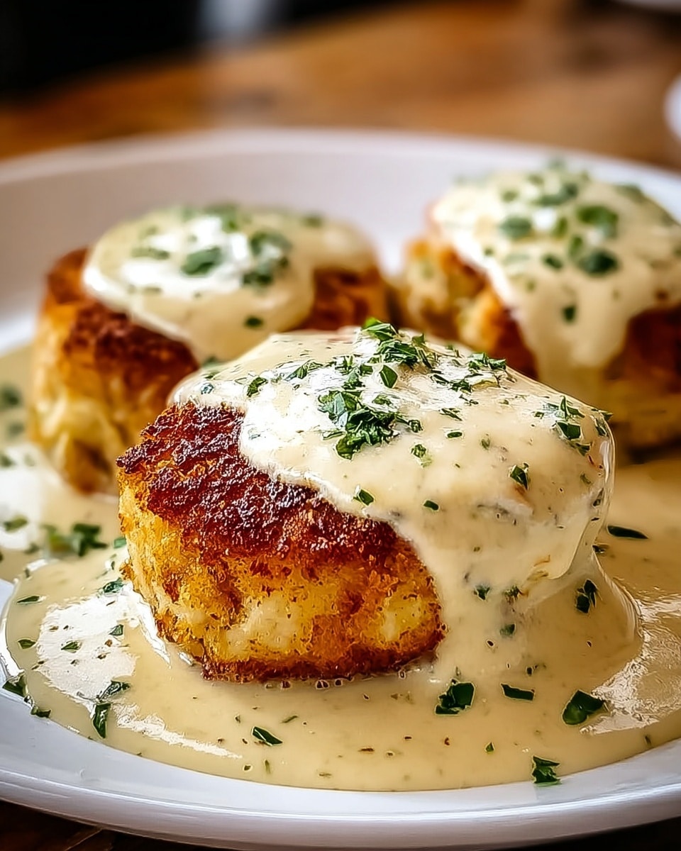 The image shows three pieces of golden brown crab cakes on a white plate, each topped with a creamy, light beige sauce sprinkled with small green herb bits. The crab cakes have a crispy and slightly rough texture on the outside, with the creamy sauce smoothly covering their tops and flowing down the sides, pooling slightly on the white plate beneath them. The background is softly blurred, showing the warm tones of a wooden surface but replaced with a white marbled texture. The overall look is rich and inviting with a nice mix of crunchy and smooth elements, highlighting the contrast between the golden crust and the creamy sauce. Photo taken with an iphone --ar 4:5 --v 7