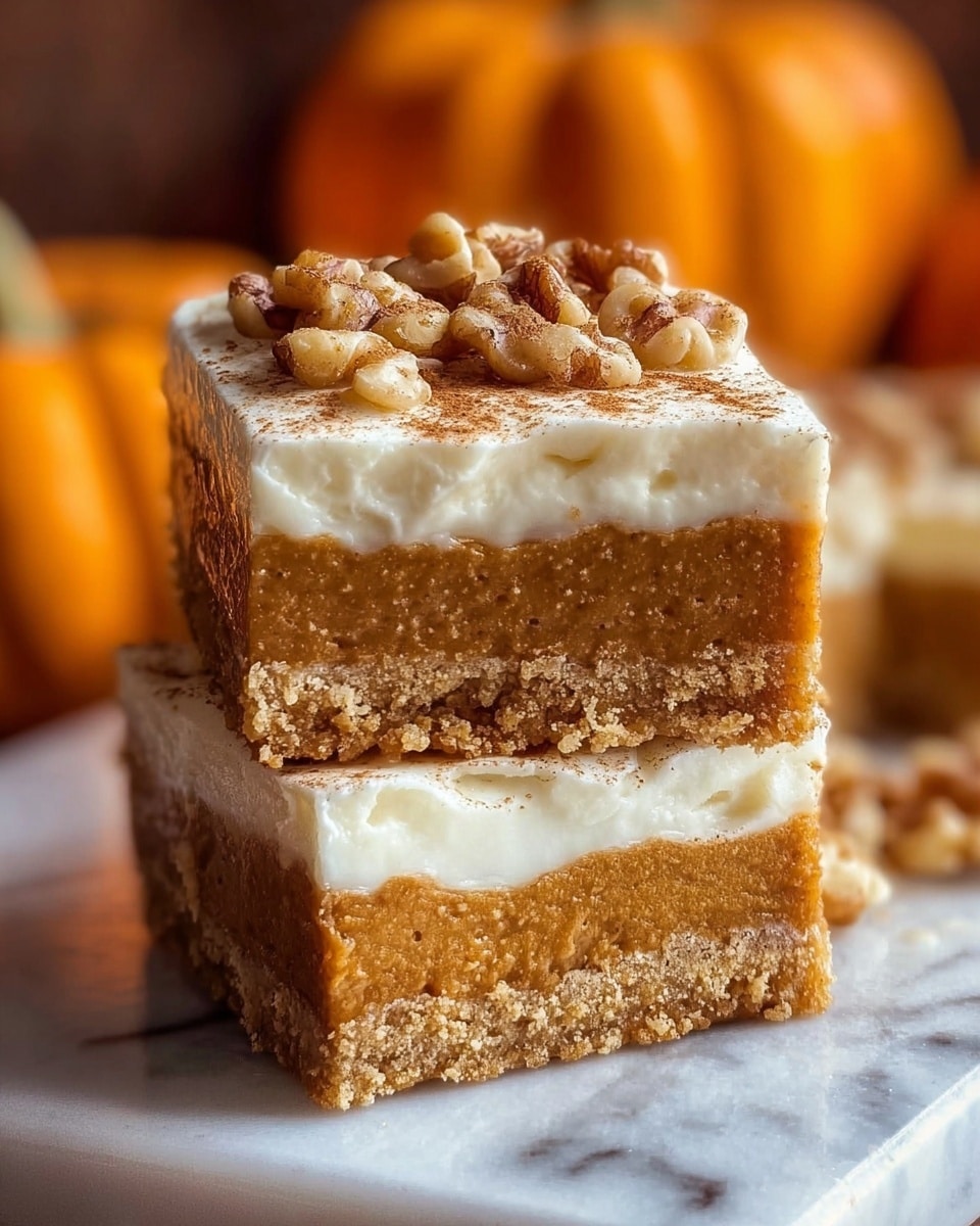 The image shows two square dessert bars stacked on each other with a white marbled background. Each bar has three layers: a thick, crumbly light brown base, a smooth and dense medium brown middle layer, and a fluffy, creamy white top layer. The top layer is dusted with light brown cinnamon and has crunchy walnut pieces on top of the upper bar. The texture looks soft and rich with some crumbs around the bars. Photo taken with an iphone --ar 4:5 --v 7
