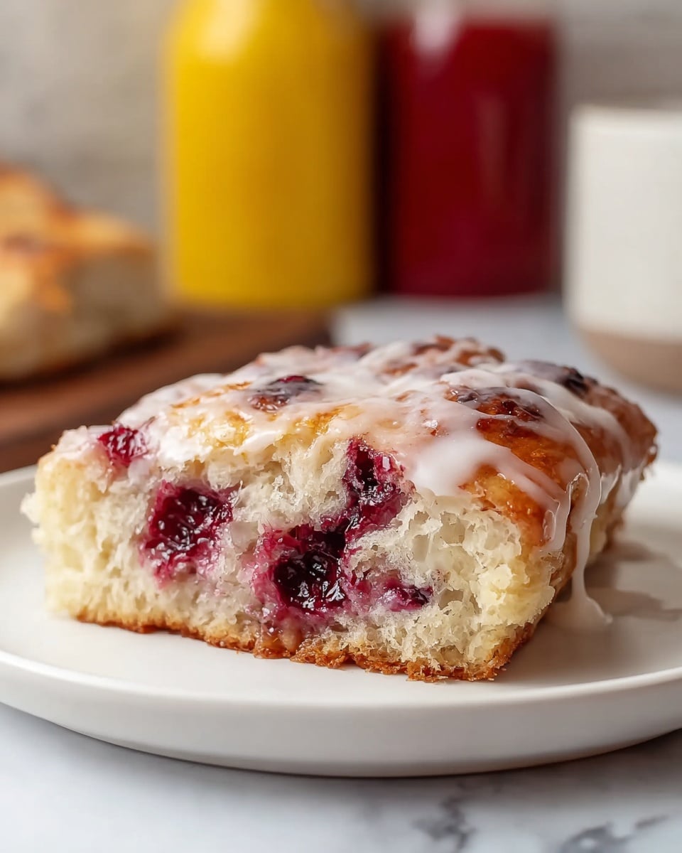 A close-up of a single piece of soft, light-colored pastry with a slightly crisp golden-brown crust, revealing several pockets of dark red cherry filling inside. The top layer is covered with a thin, glossy layer of white glaze that drips down the sides, contrasting with the inside's fluffy texture. It sits on a white plate placed on a white marbled surface, and the background is softly blurred with muted colors, including two small jars in yellow and red shades. Photo taken with an iphone --ar 4:5 --v 7
