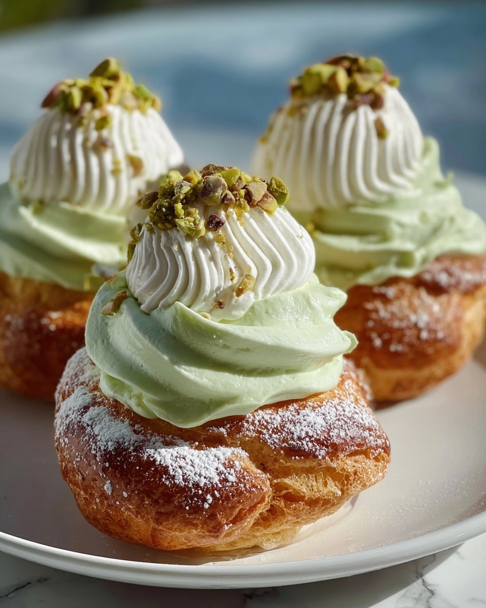 Three cream puffs are shown on a white plate with a white marbled background. Each puff has a golden-brown, slightly crispy base dusted lightly with white powdered sugar. On top of the base is a thick, pale green cream layer, swirled smoothly. Above this is a smaller swirl of white cream with a ridged texture. The white cream is sprinkled with crushed green pistachios and small nut pieces, giving a crunchy look. The sunlight highlights the textures and colors, making the dessert look fresh and inviting. photo taken with an iphone --ar 4:5 --v 7