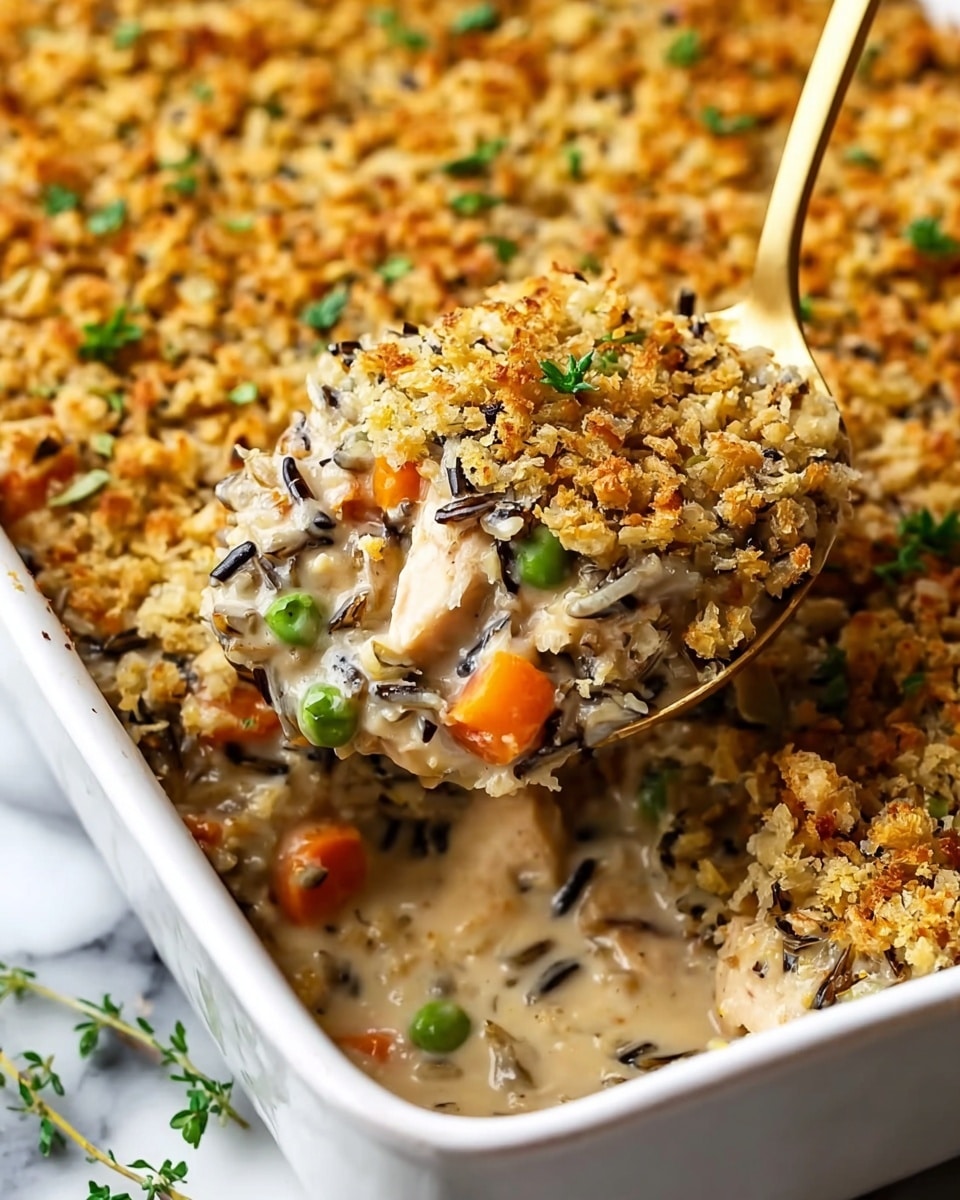 A close-up view of a creamy casserole in a white rectangular baking dish, showing two layers. The bottom layer is a mixture of cooked wild rice, small diced orange carrots, green peas, and pieces of chicken coated in a rich creamy sauce with a light beige color and some black rice grains visible. The top layer is a golden brown crunchy crumb topping scattered unevenly, with small green parsley leaves placed on top for decoration. A gold spoon is scooping out a portion, lifting some of the crumb topping and rice mixture, highlighting the creamy texture under the crispy top. The background is a white marbled surface. Photo taken with an iphone --ar 4:5 --v 7