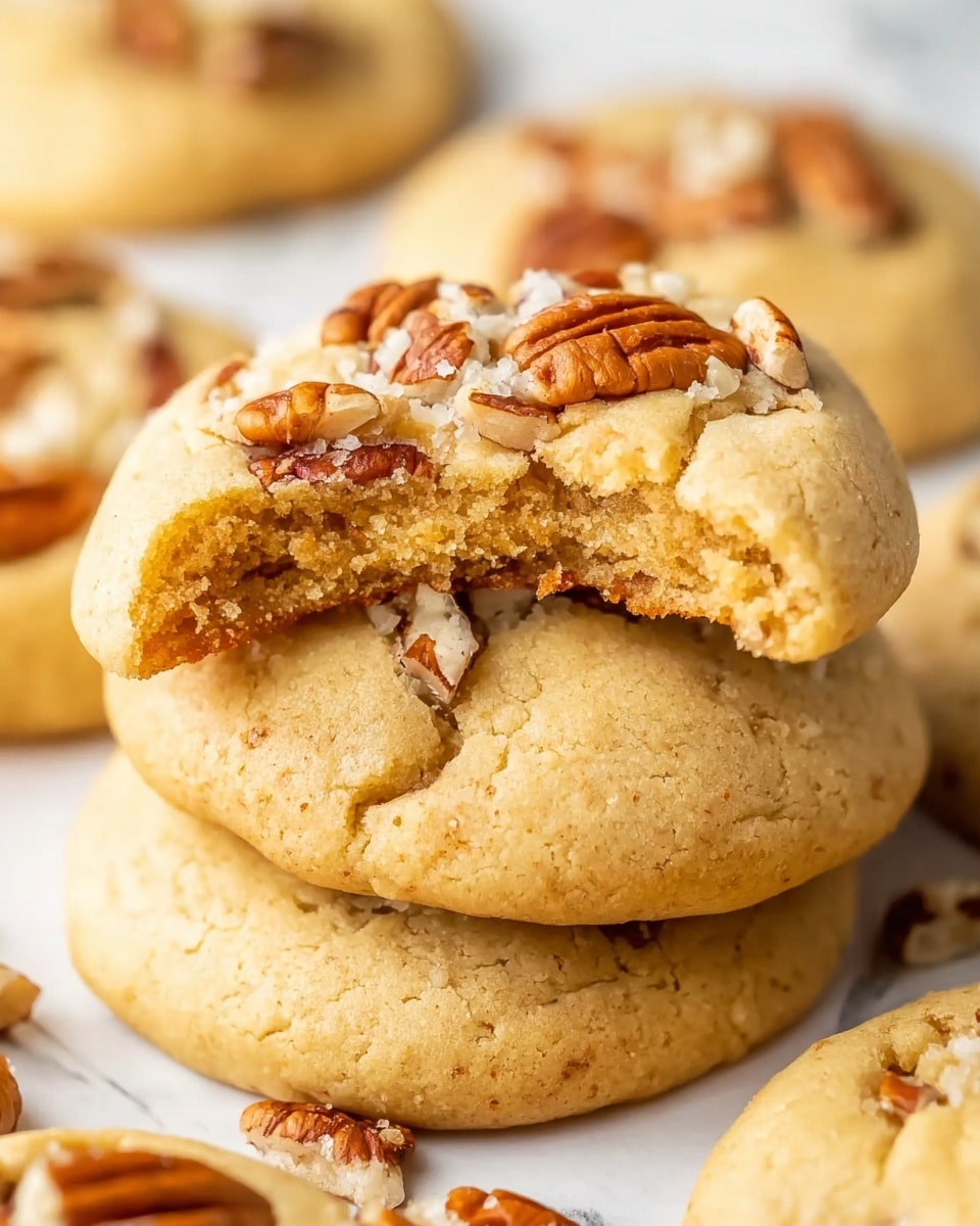 The image shows a close-up view of soft, golden-brown cookies stacked on top of each other on a white marbled surface. The top cookie has a bite taken out of it, revealing a moist and chewy inside with a slightly crumbly texture. Both cookies have pieces of pecans scattered on top, adding a rough texture and a rich brown color contrast to the smooth cookie dough. The background shows more similar cookies slightly out of focus. Photo taken with an iphone --ar 4:5 --v 7