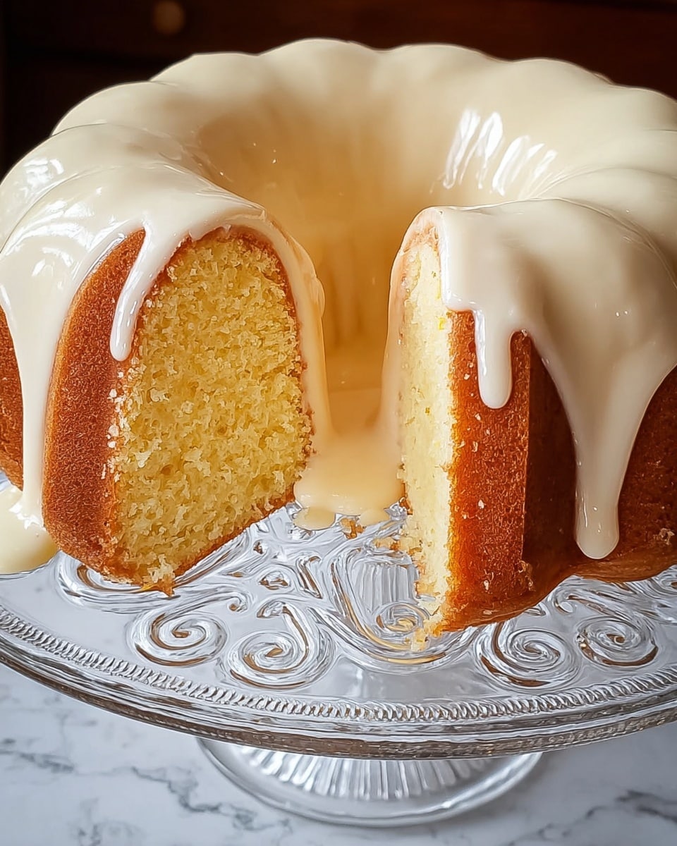 A round bundt cake is shown with a smooth, creamy white glaze dripping thickly over the top and sides. The cake has a golden yellow color inside with a slightly darker brown crust on the outside. One large slice is cut out, revealing the soft, spongy texture of the cake and some glaze pooling at the base where the slice was removed. The cake sits on a clear glass cake stand with decorative swirl patterns, placed on a white marbled textured surface. Photo taken with an iphone --ar 4:5 --v 7