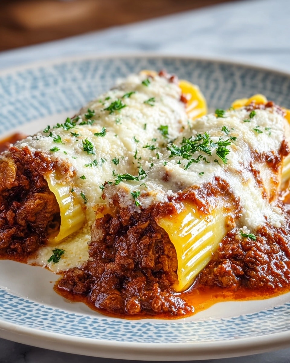 Two rolled pasta shells are filled with a thick, chunky dark brown meat sauce and placed side by side on a white patterned plate. Each pasta roll is covered with a melted layer of white cheese that looks creamy and slightly browned, sprinkled lightly with green parsley. The rich meat sauce spills out from the pasta ends and pools around the base of the rolls. The plate sits on a white marbled texture surface. photo taken with an iphone --ar 4:5 --v 7
