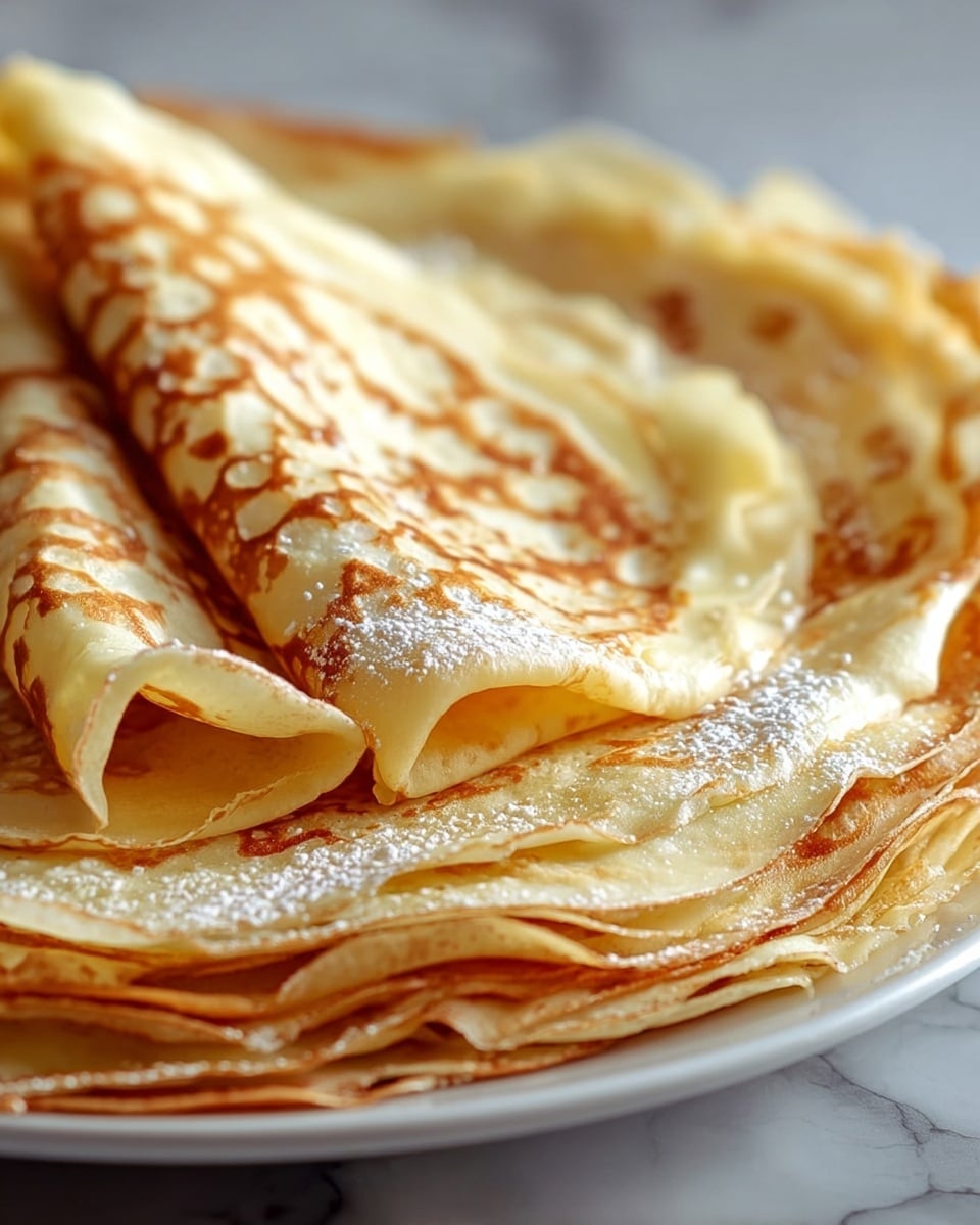 The image shows several thin crepes folded over each other in multiple layers on a white plate, each crepe having a light golden color with darker golden brown spots and edges, creating a slightly crispy look. The surface of the crepes is smooth with a slight softness, and there is a light dusting of powdered sugar sparkling on top. The white plate is placed on a white marbled surface, adding a clean and bright background to the image. photo taken with an iphone --ar 4:5 --v 7